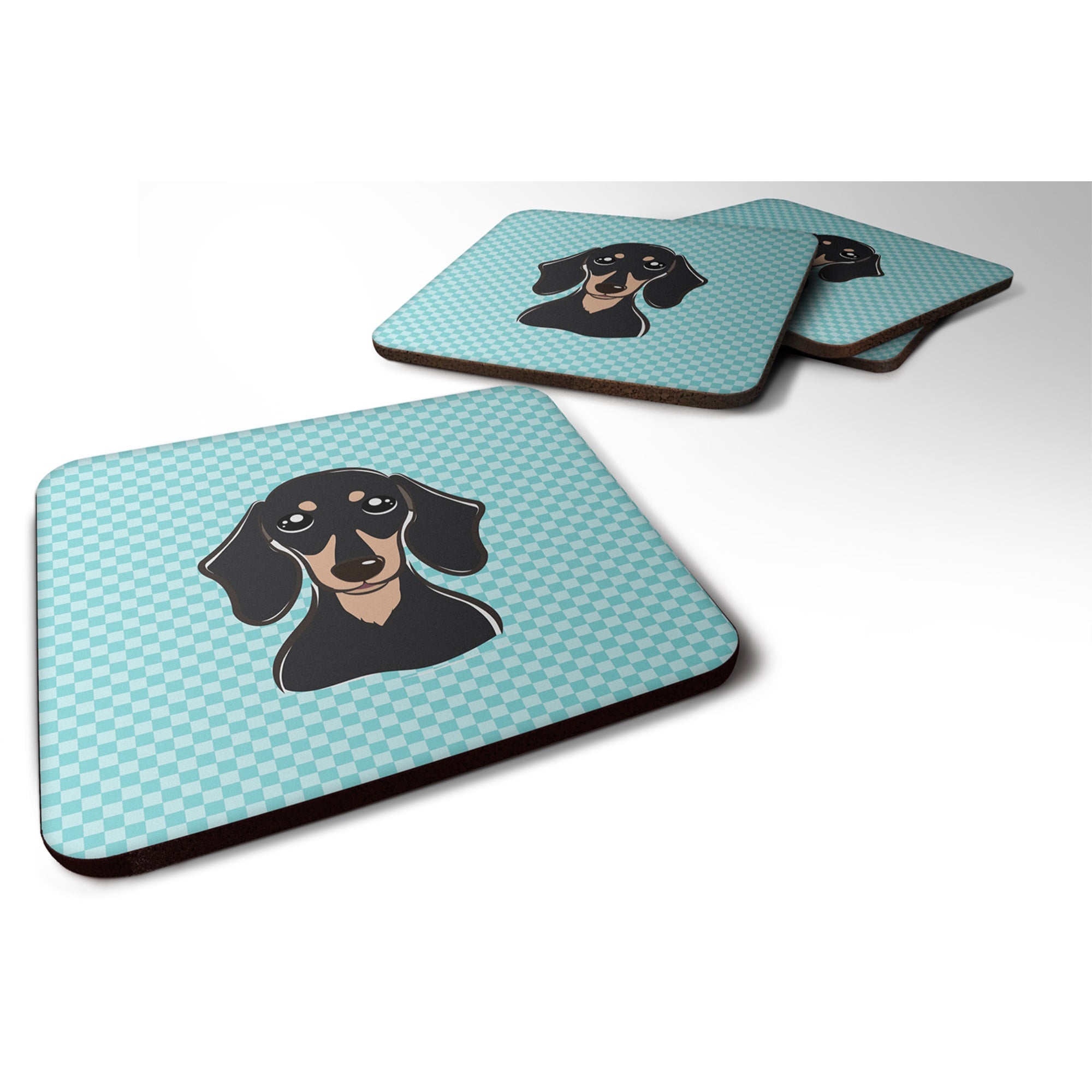 Checkerboard Blue Smooth Black And Tan Dachshund Foam Coaster Set Of 4