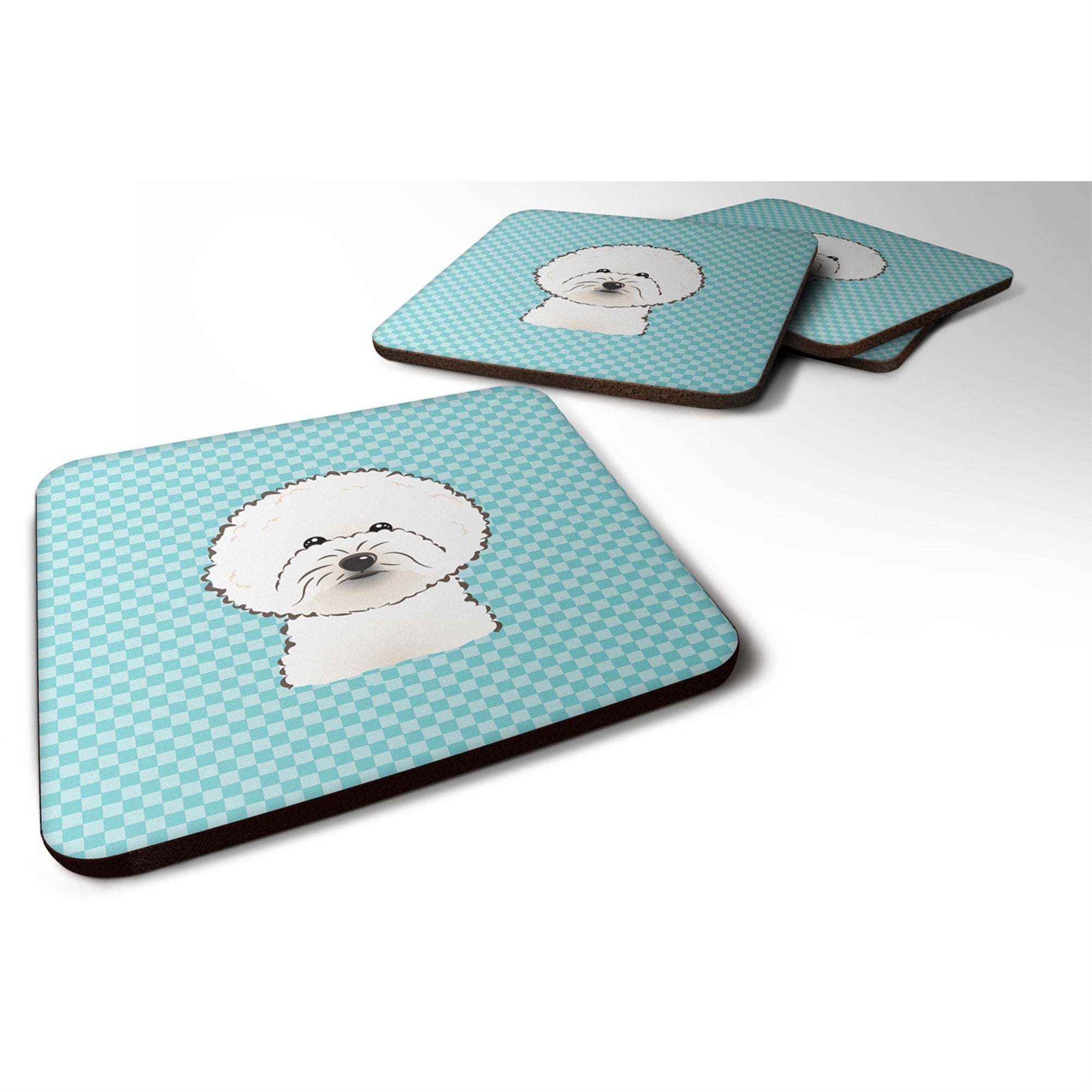 Checkerboard Blue Bichon Frise Foam Coaster Set Of 4