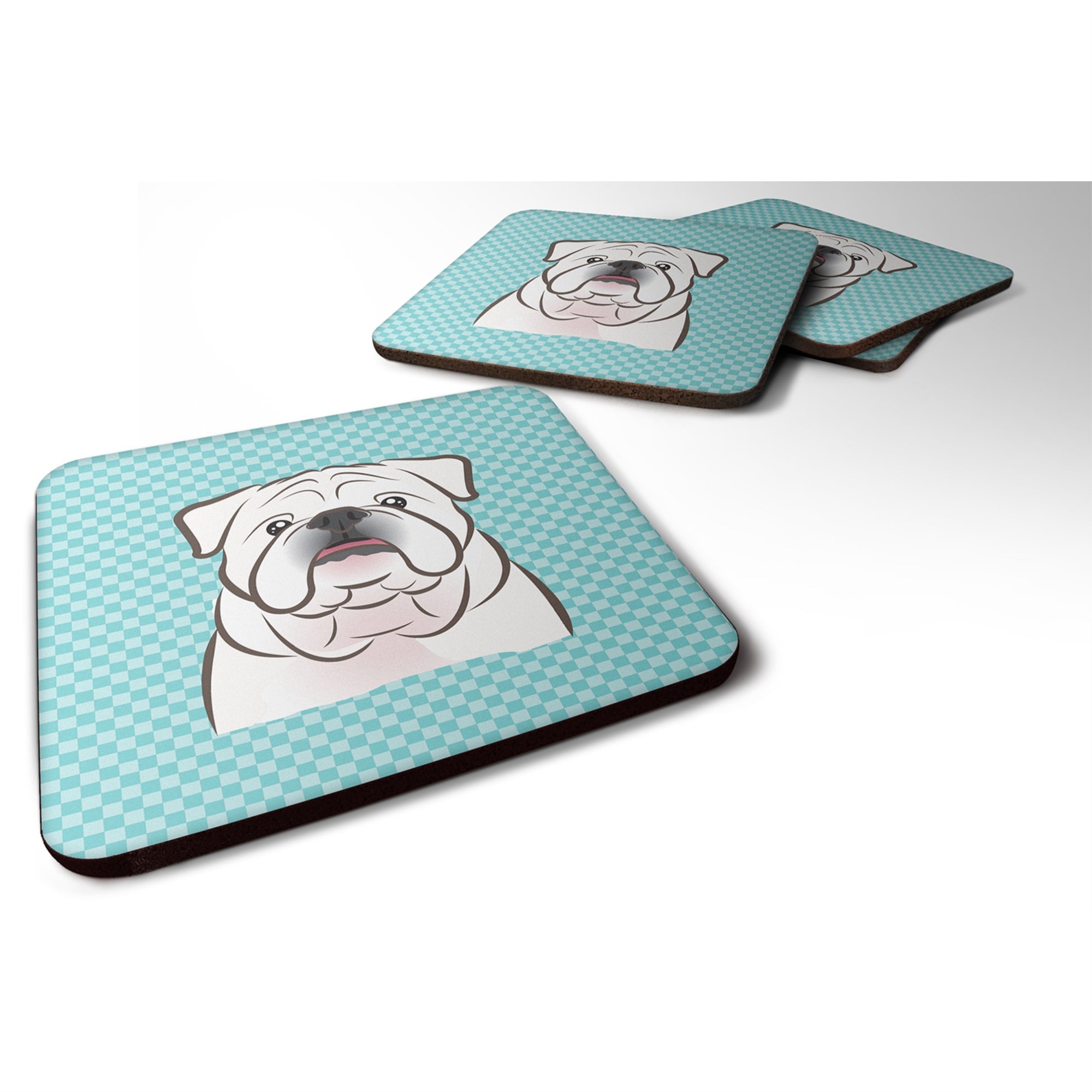 Checkerboard Blue White English Bulldog  Foam Coaster Set Of 4