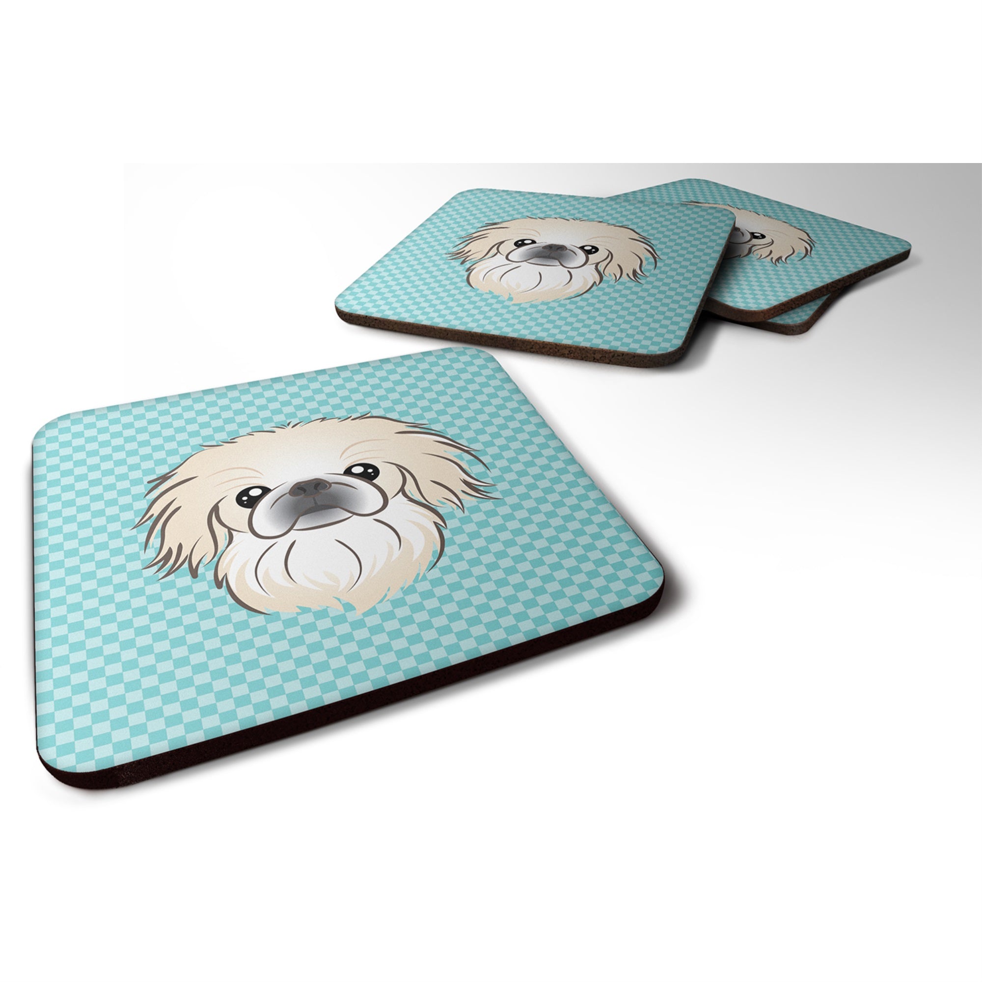 Checkerboard Blue Pekingese Foam Coaster Set Of 4
