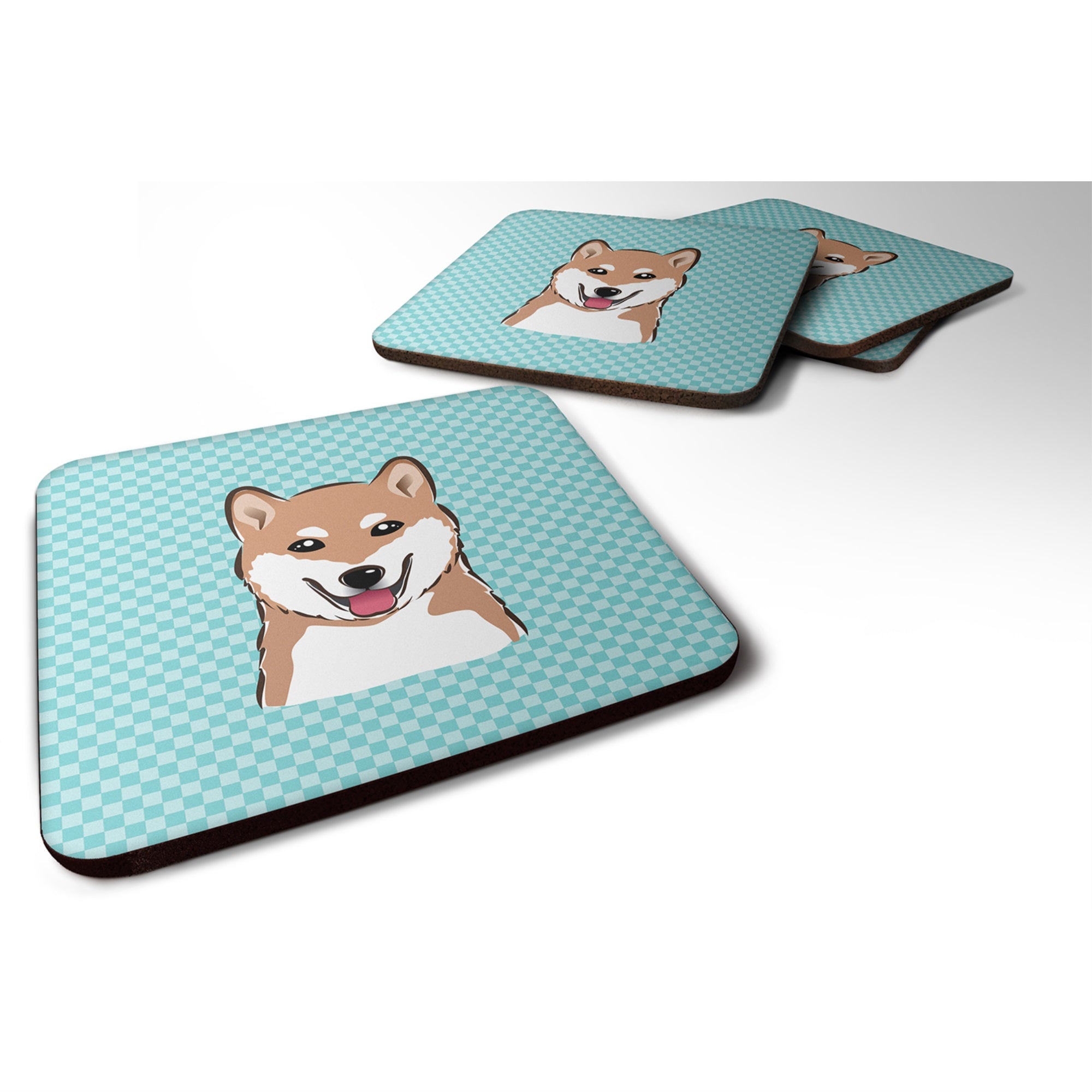 Checkerboard Blue Shiba Inu Foam Coaster Set Of 4