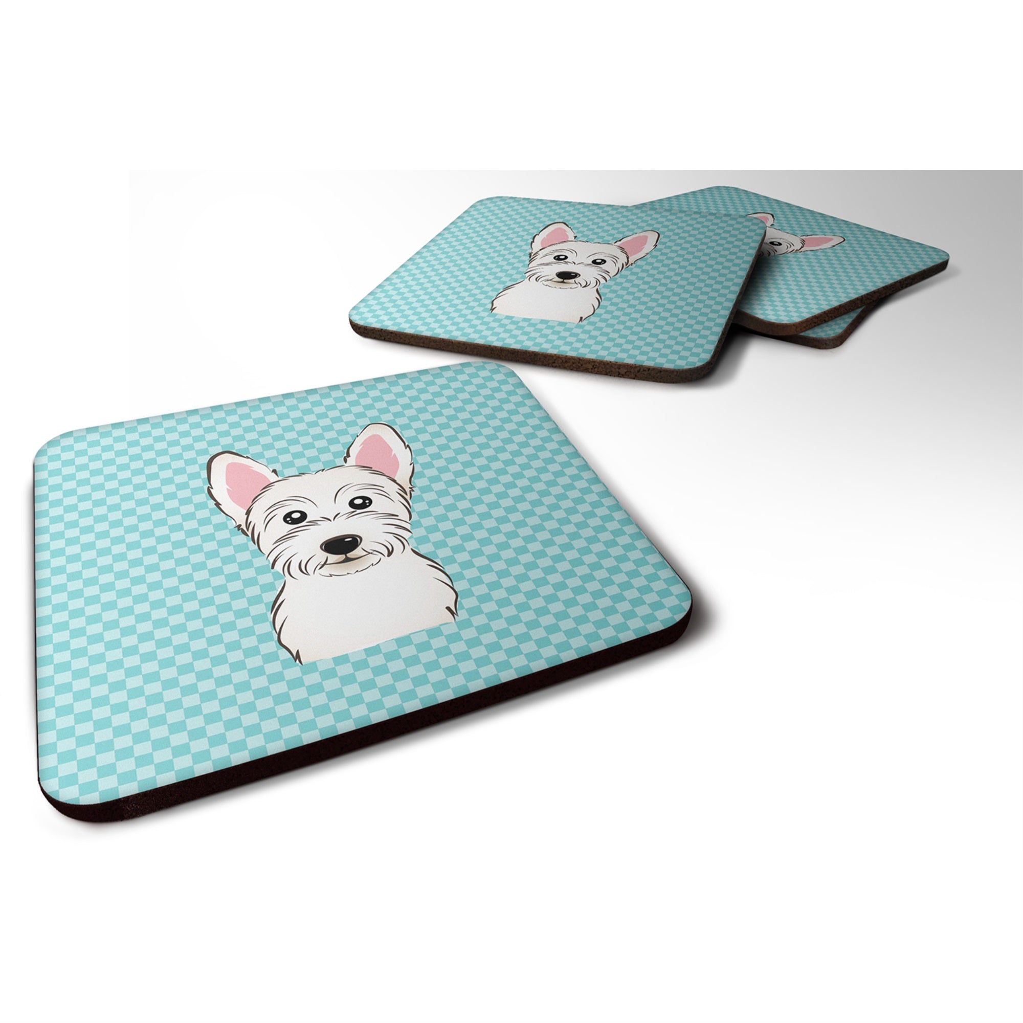 Checkerboard Blue Westie Foam Coaster Set Of 4