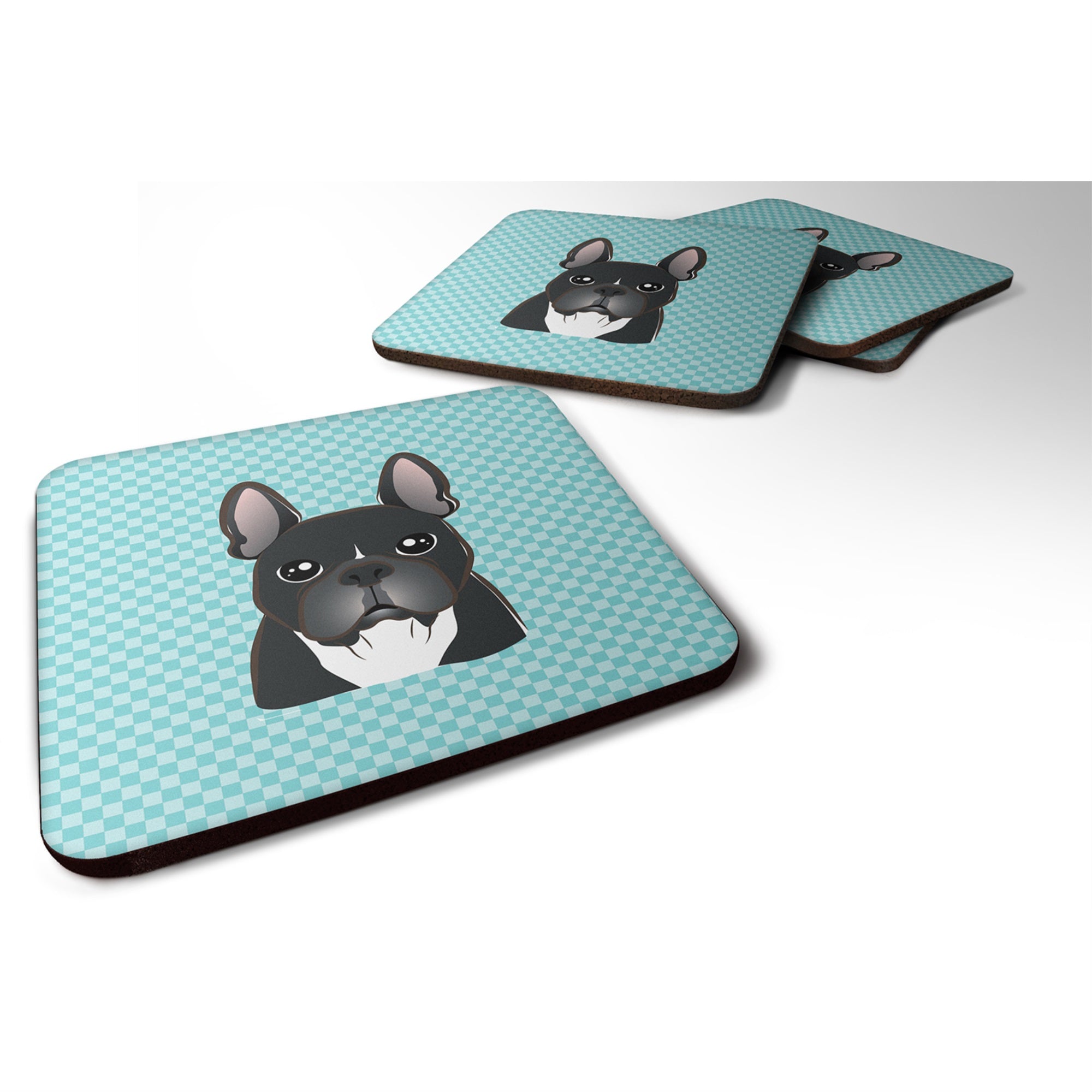 Checkerboard Blue French Bulldog Foam Coaster Set Of 4