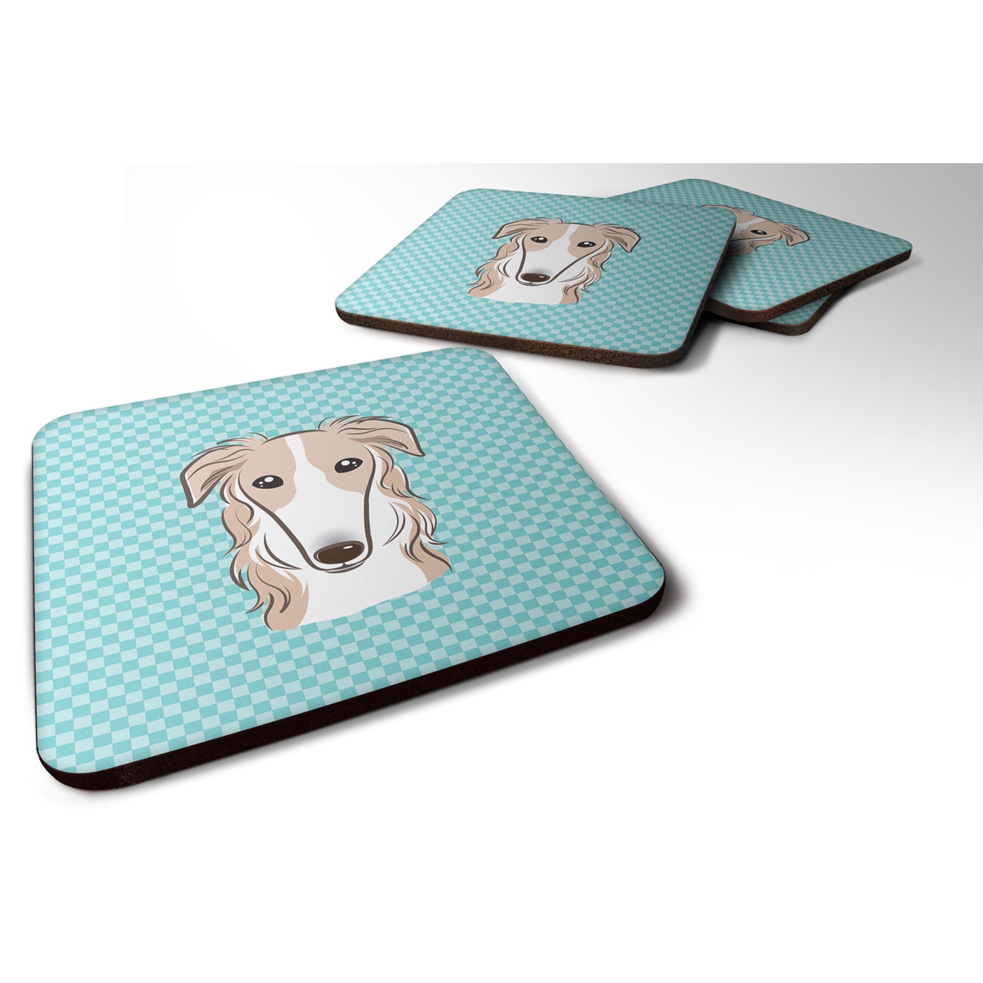 Checkerboard Blue Borzoi Foam Coaster Set Of 4