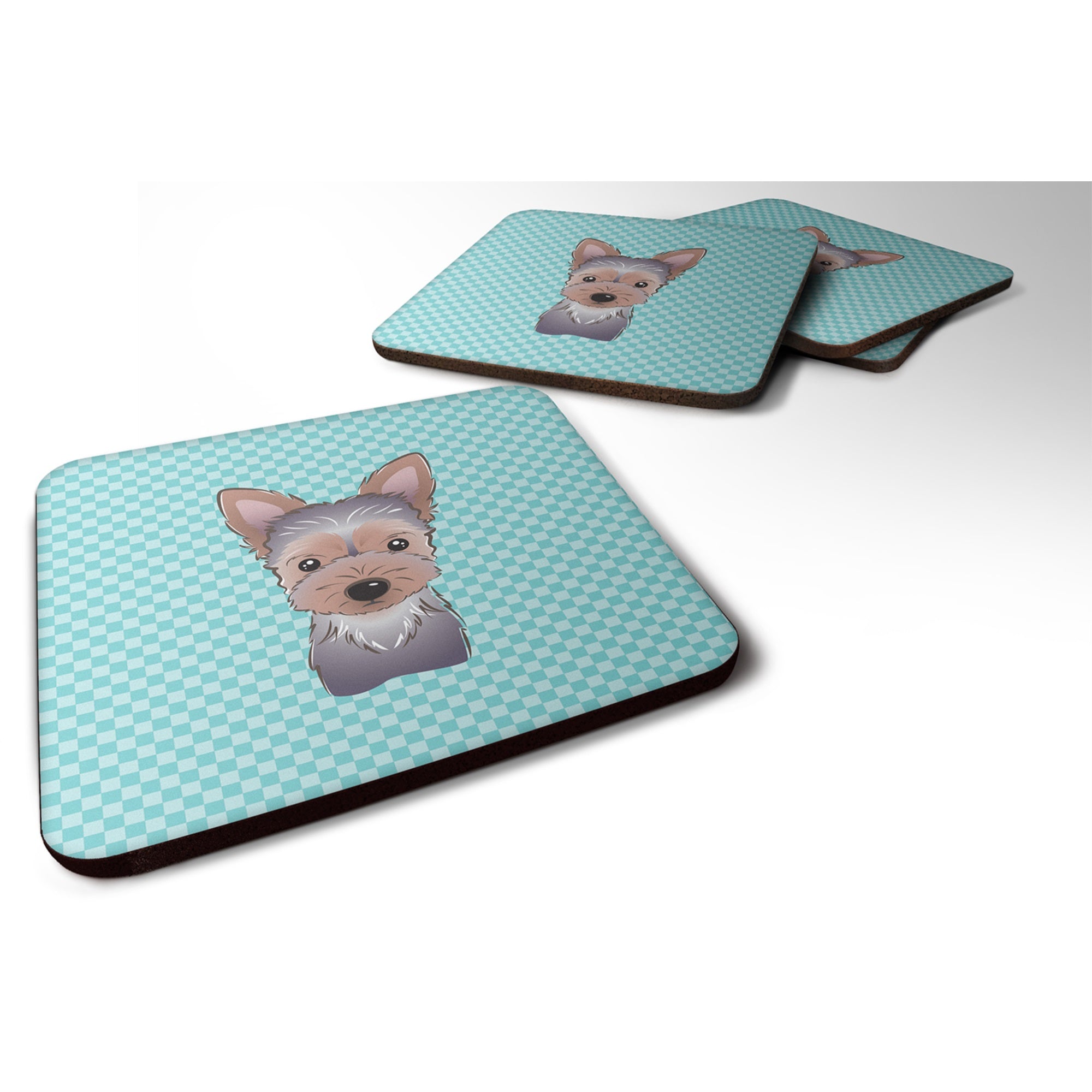 Checkerboard Blue Yorkie Puppy Foam Coaster Set Of 4