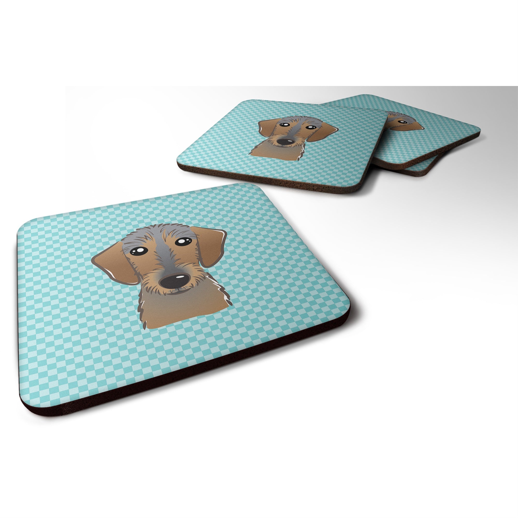 Checkerboard Blue Wirehaired Dachshund Foam Coaster Set Of 4