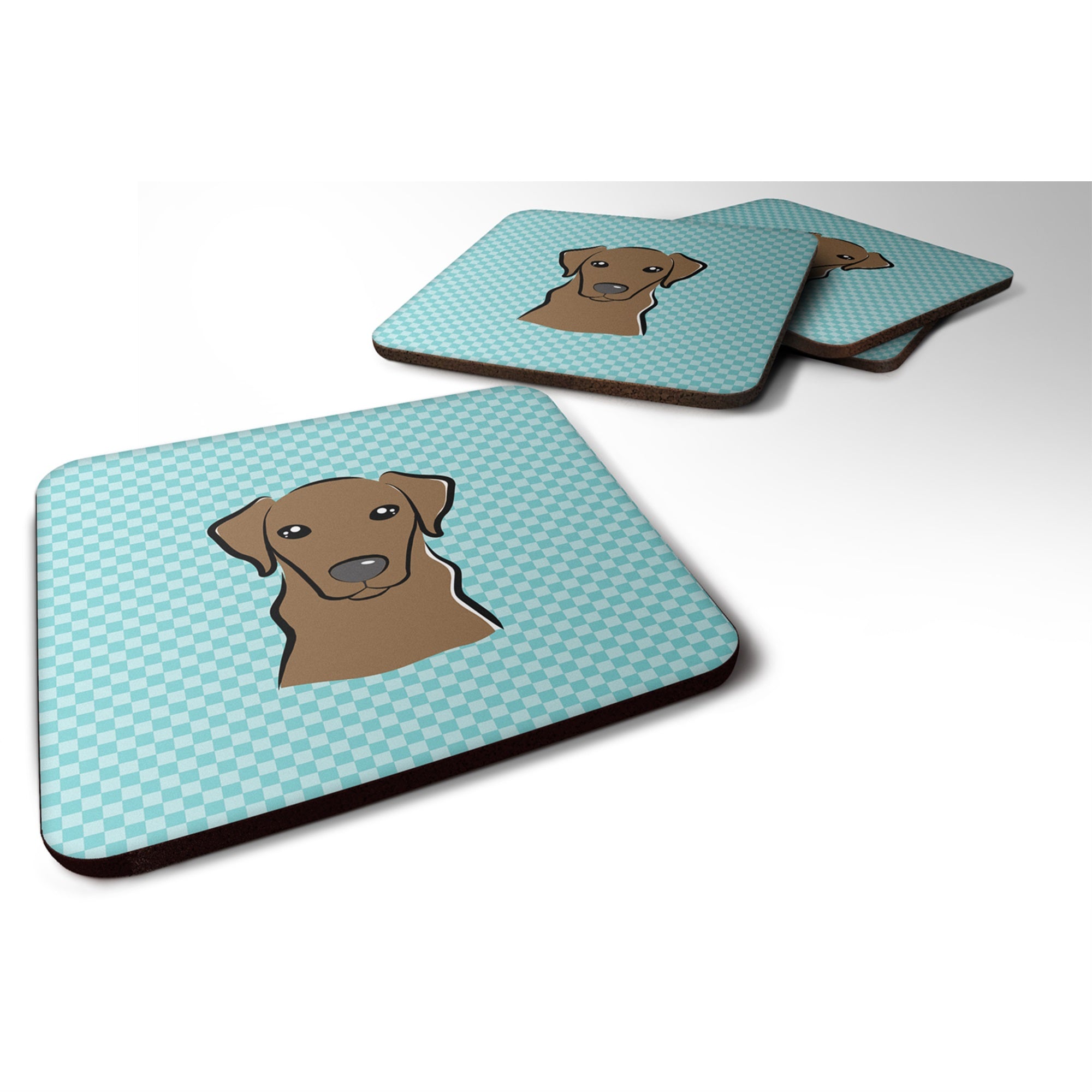 Checkerboard Blue Chocolate Labrador Foam Coaster Set Of 4