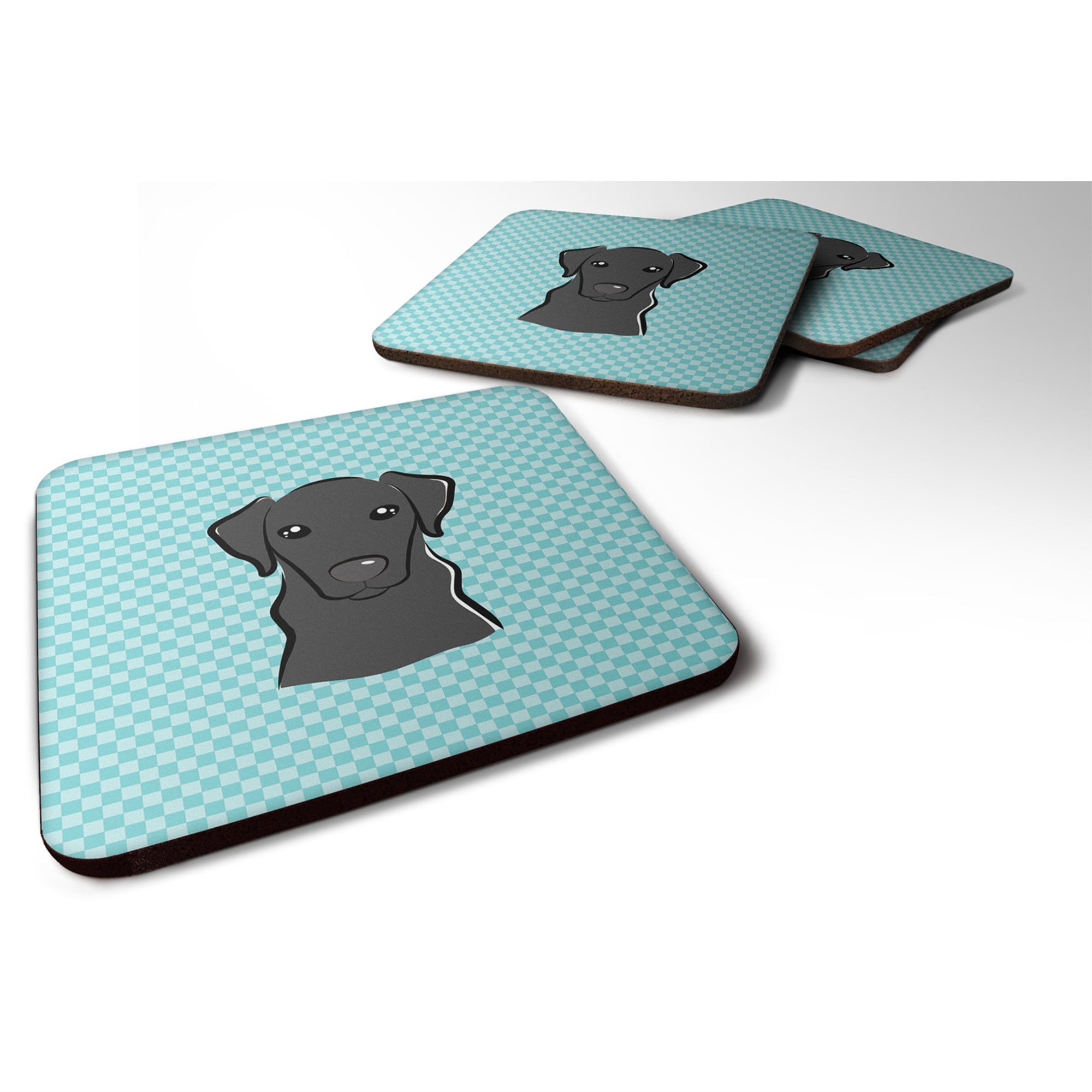 Checkerboard Blue Black Labrador Foam Coaster Set Of 4