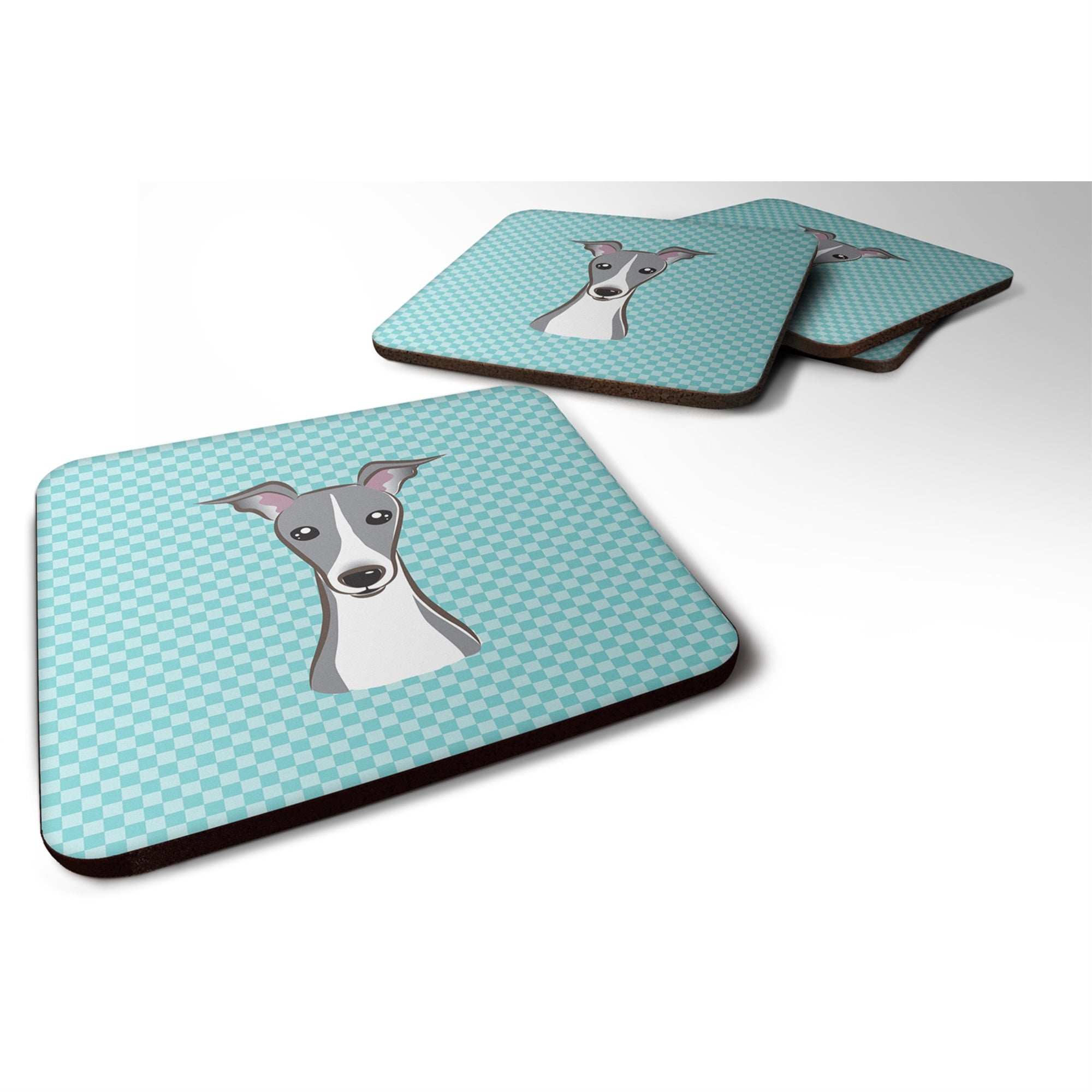 Checkerboard Blue Italian Greyhound Foam Coaster Set Of 4