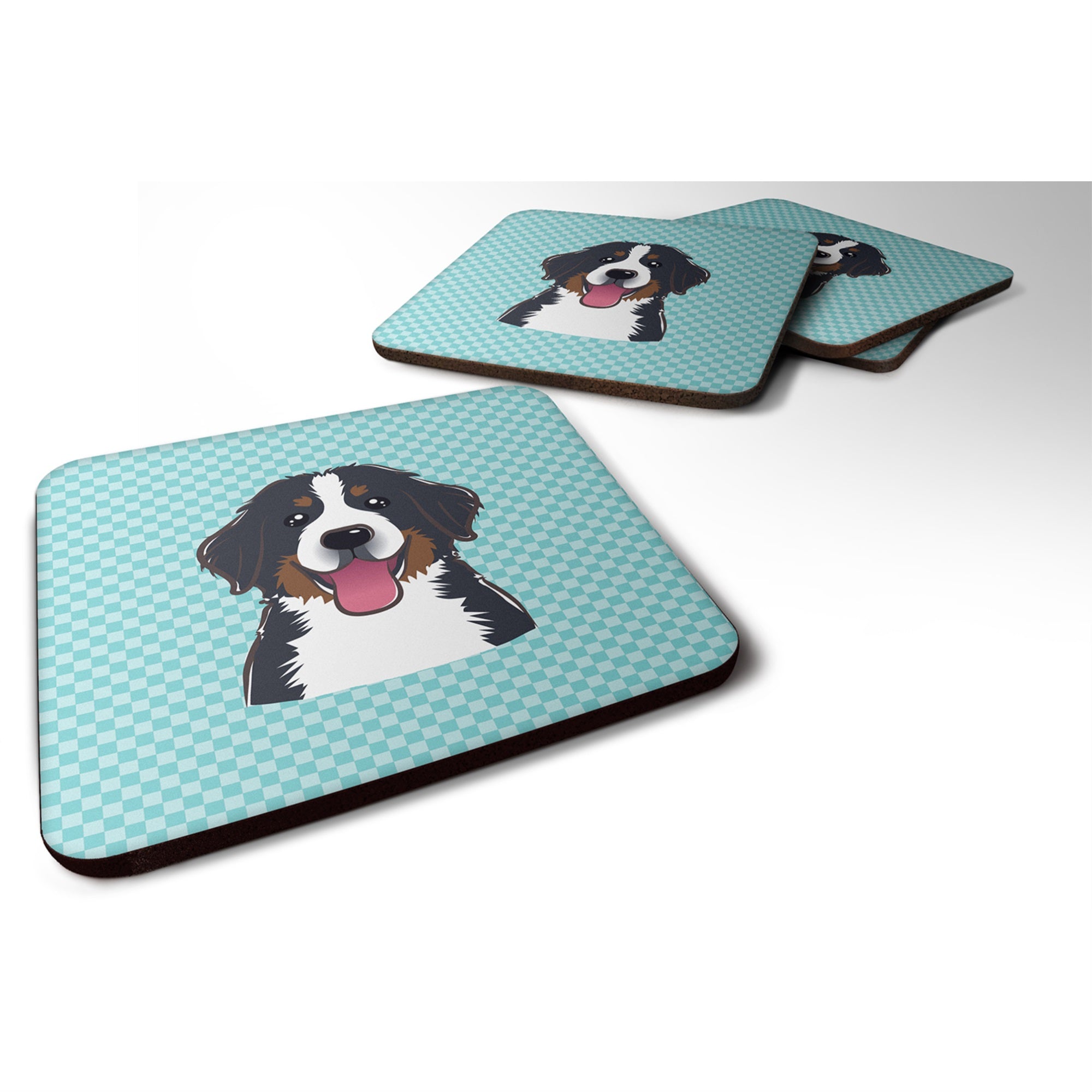 Checkerboard Blue Bernese Mountain Dog Foam Coaster Set Of 4