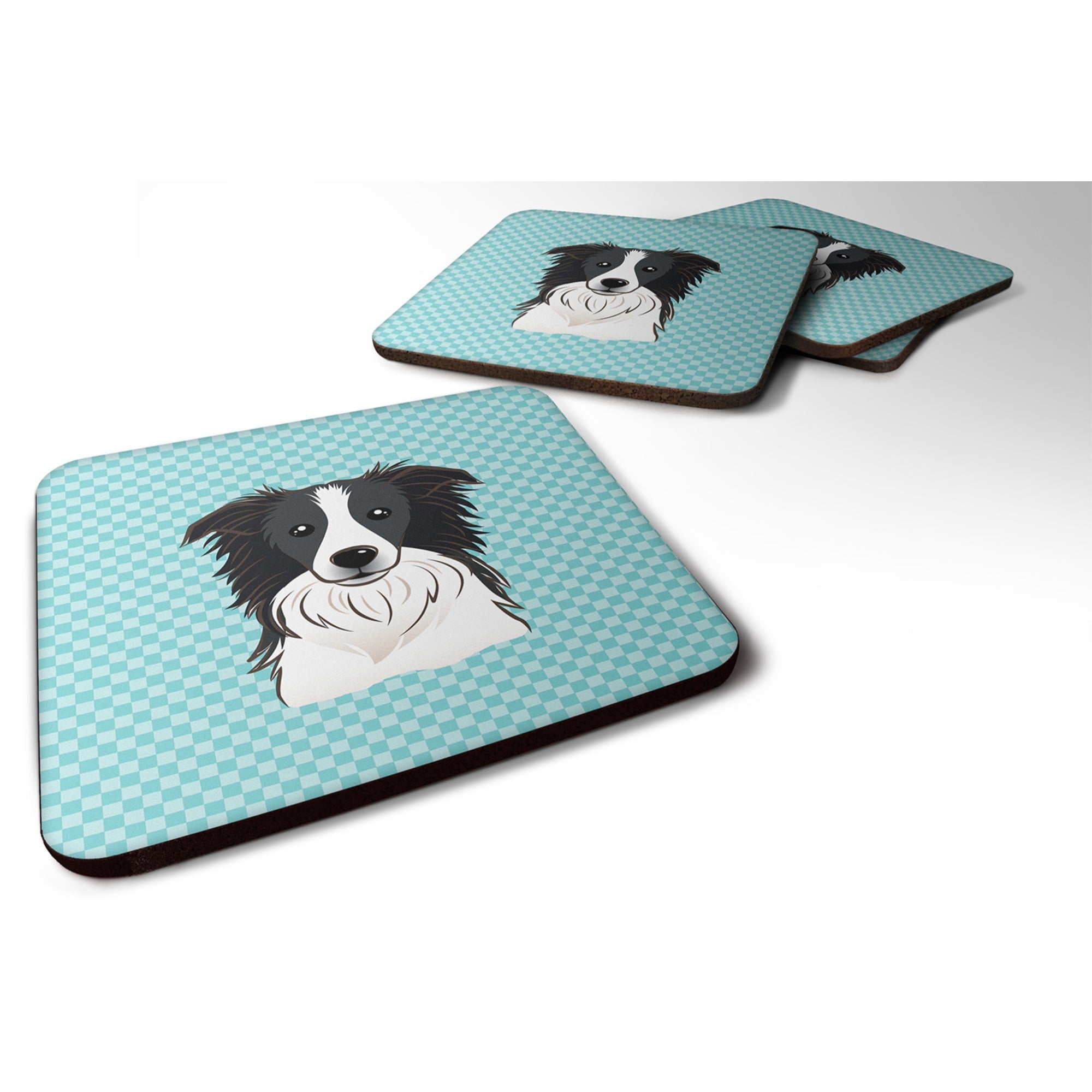 Checkerboard Blue Border Collie Foam Coaster Set Of 4