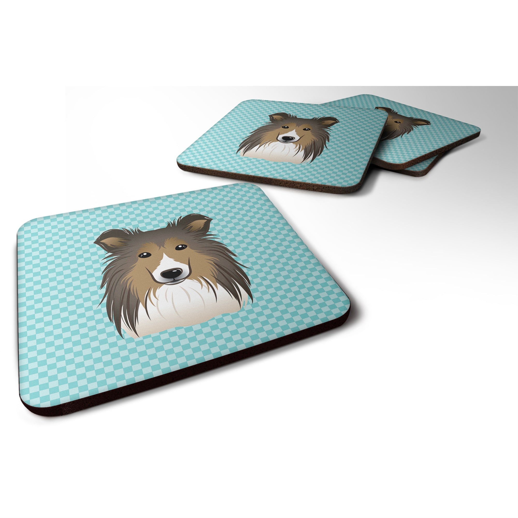 Checkerboard Blue Sheltie Foam Coaster Set Of 4