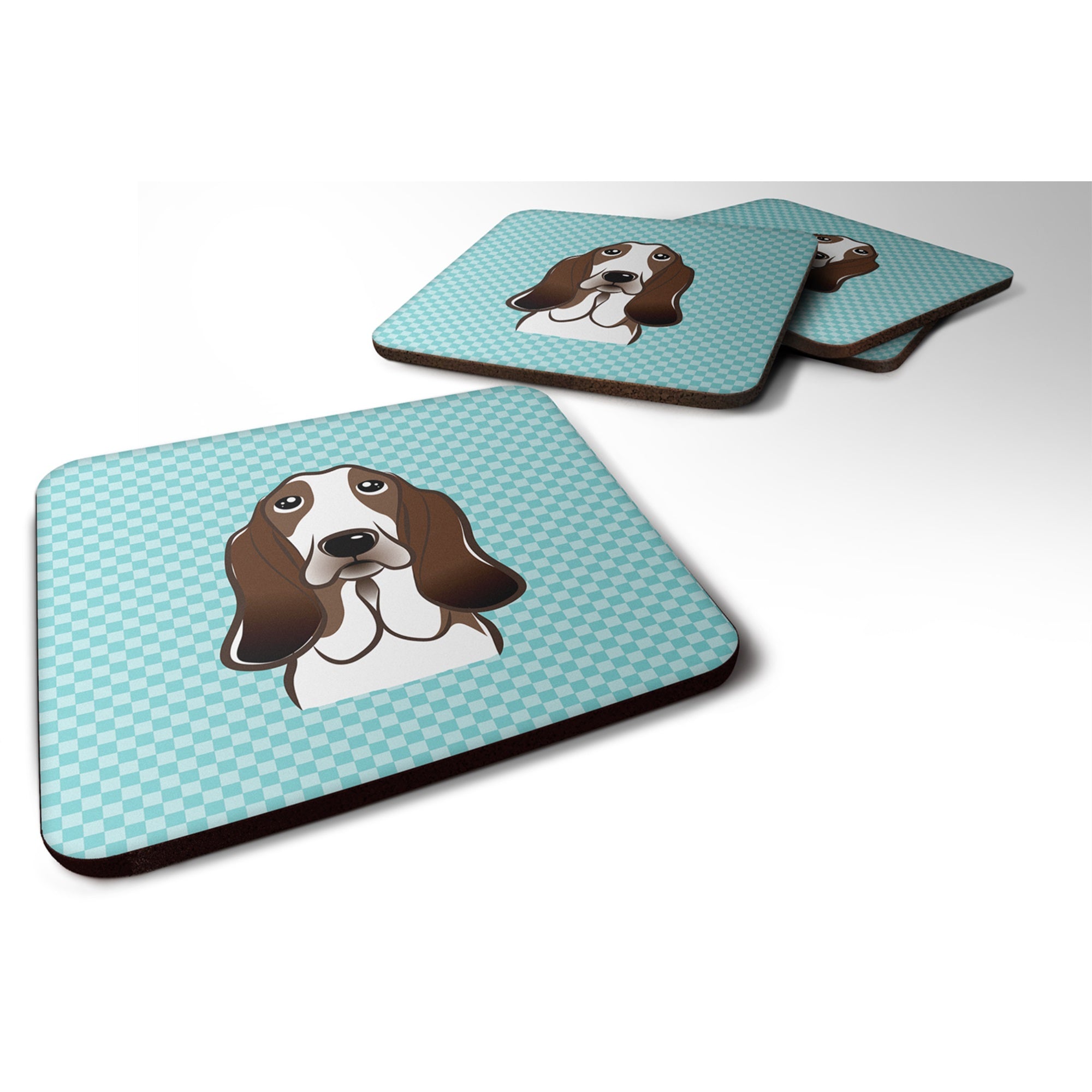 Checkerboard Blue Basset Hound Foam Coaster Set Of 4