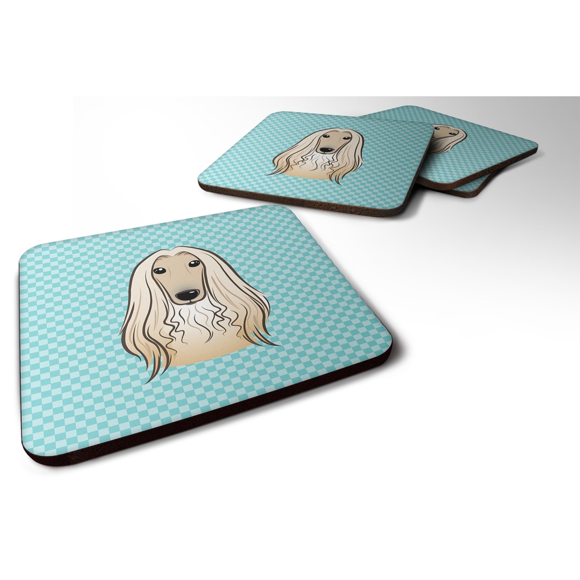 Checkerboard Blue Afghan Hound Foam Coaster Set Of 4
