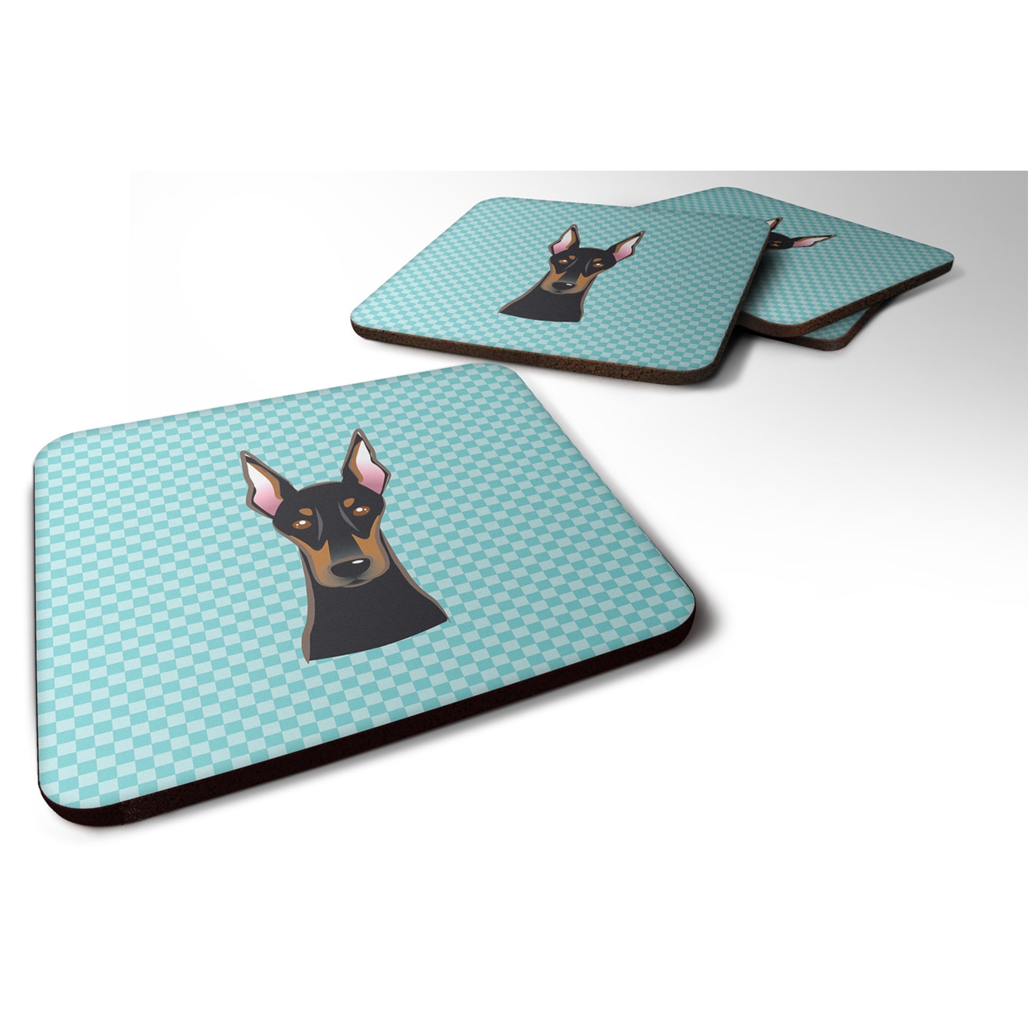 Checkerboard Blue Doberman Foam Coaster Set Of 4
