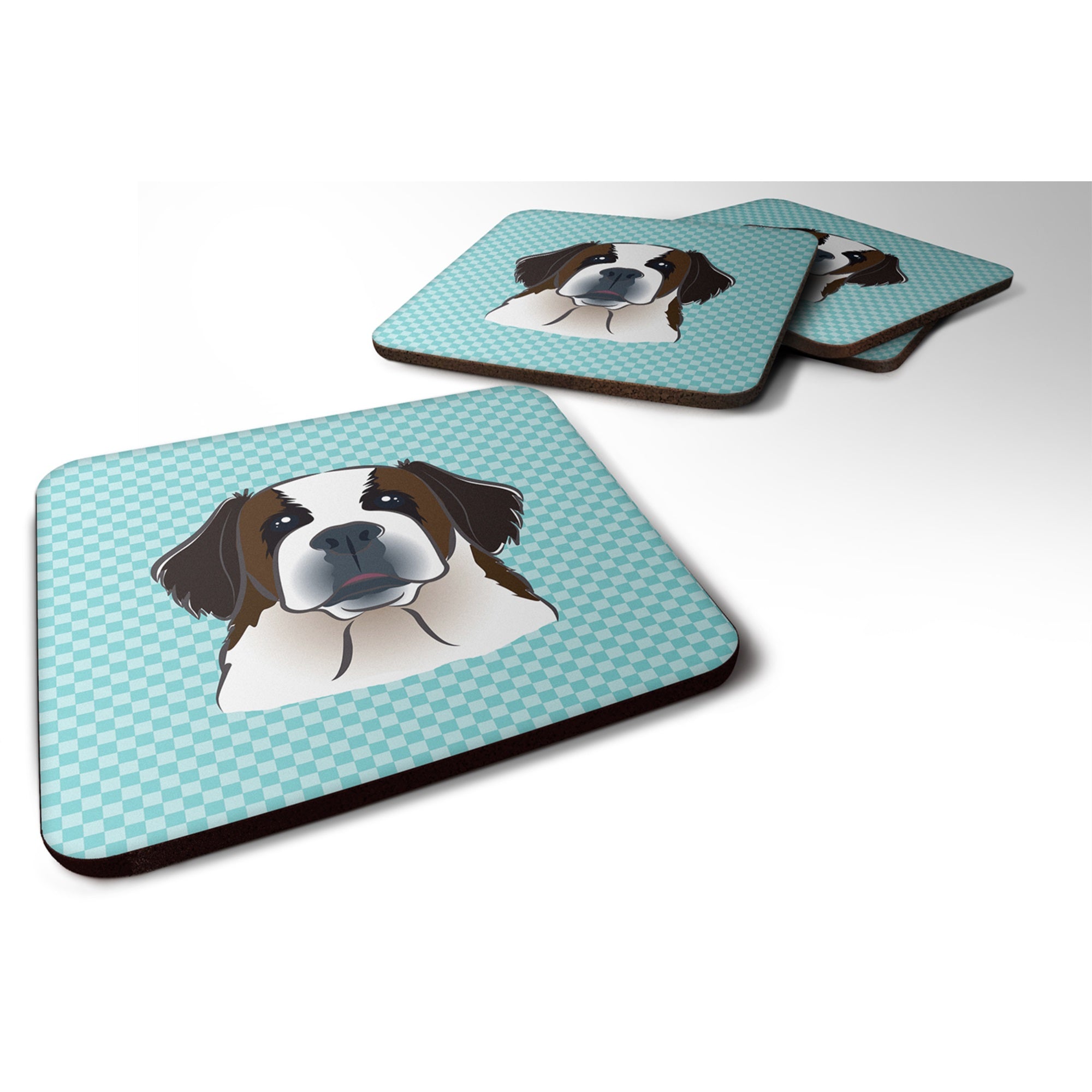 Checkerboard Blue Saint Bernard Foam Coaster Set Of 4