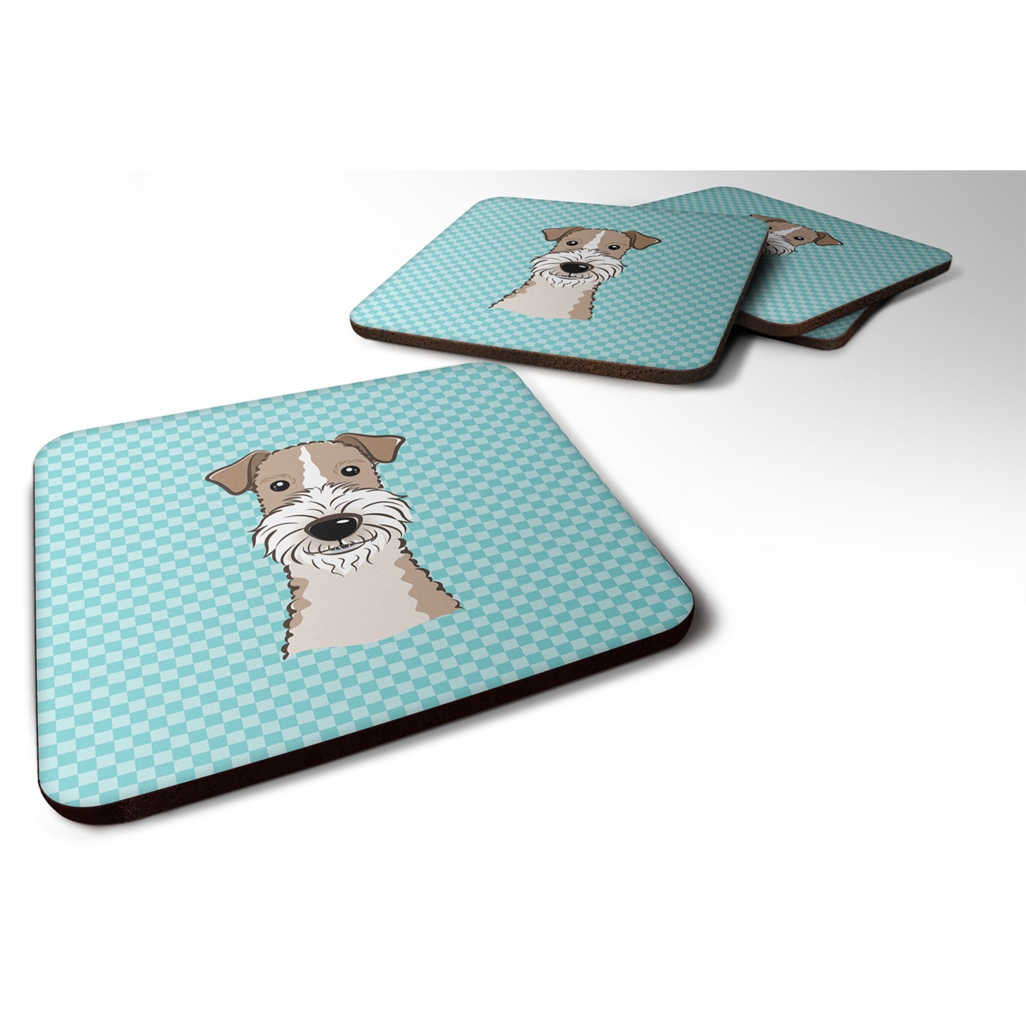 Checkerboard Blue Wire Haired Fox Terrier Foam Coaster Set Of 4