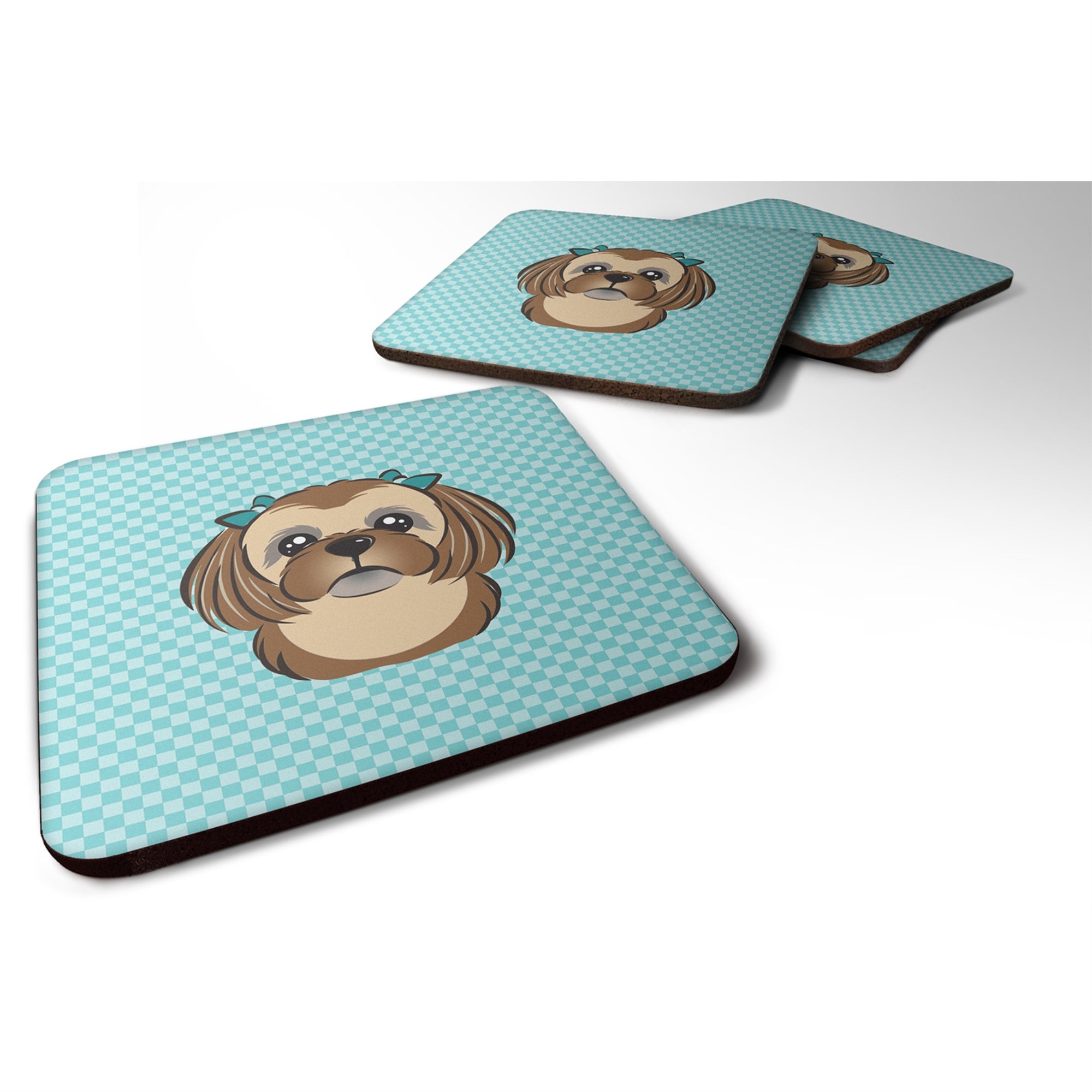 Checkerboard Blue Chocolate Brown Shih Tzu Foam Coaster Set Of 4