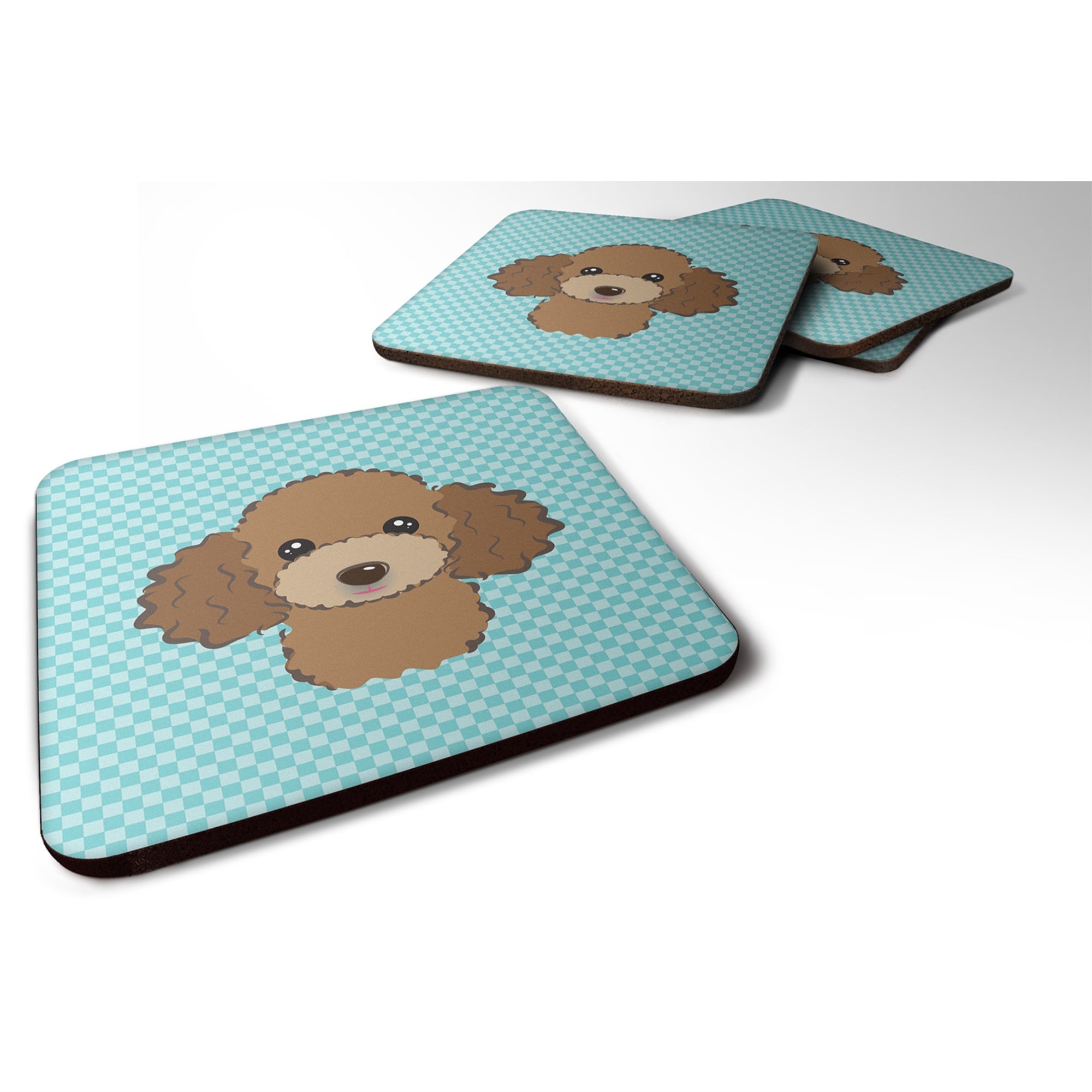 Checkerboard Blue Chocolate Brown Poodle Foam Coaster Set Of 4