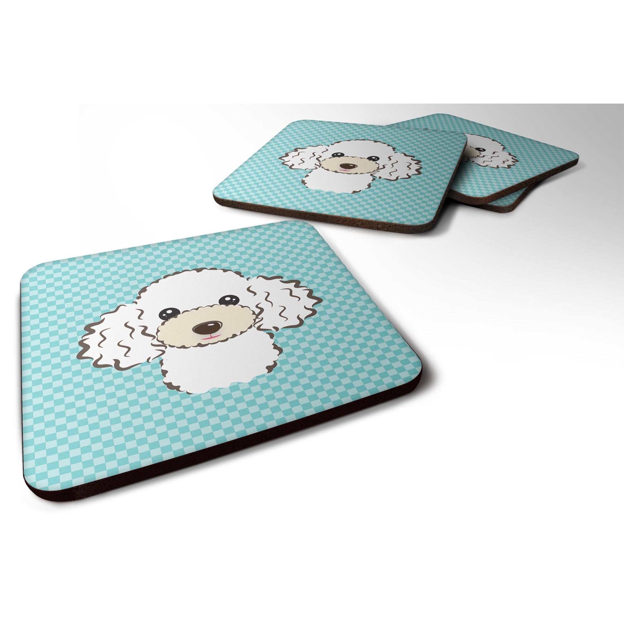 Checkerboard Blue White Poodle Foam Coaster Set Of 4