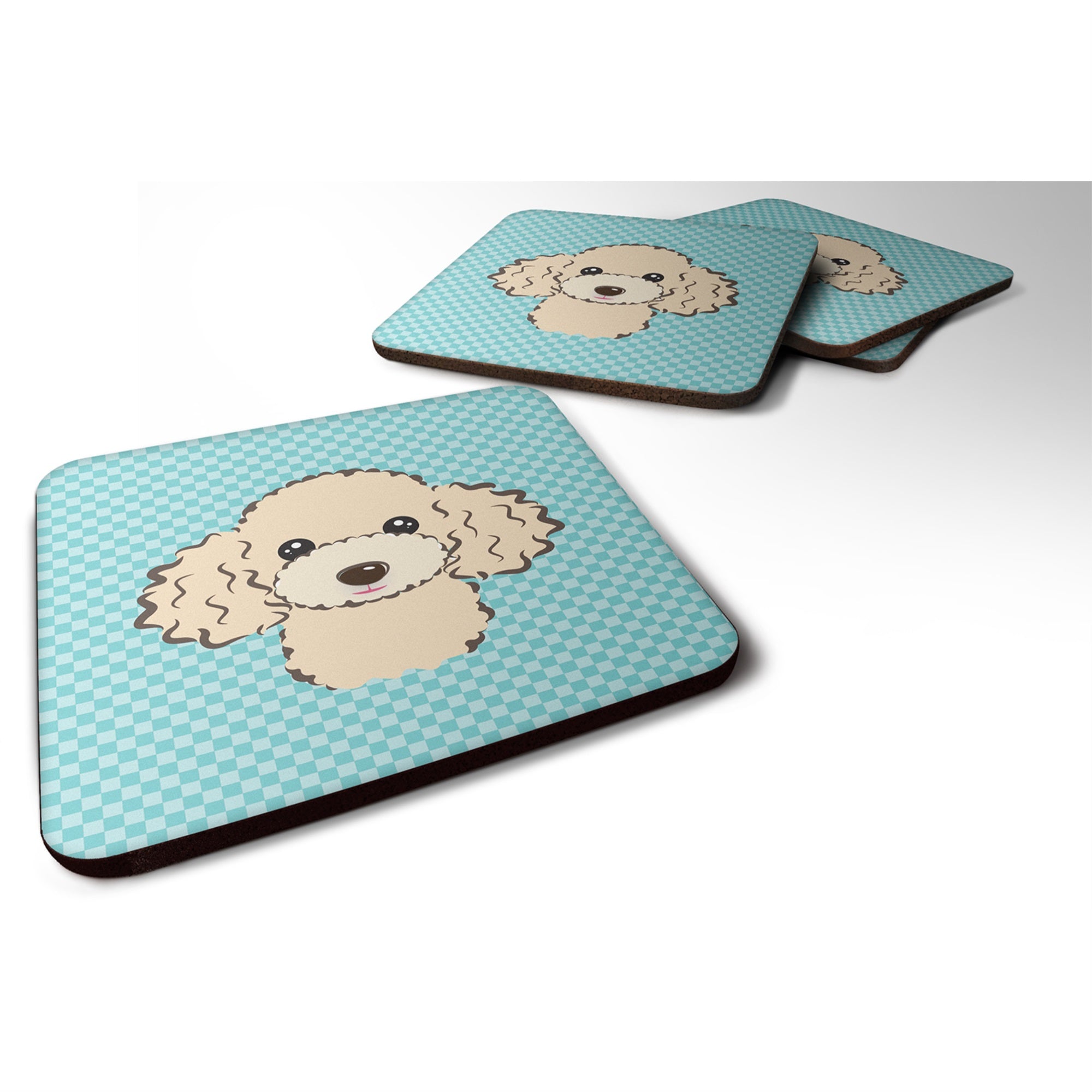 Checkerboard Blue Buff Poodle Foam Coaster Set Of 4