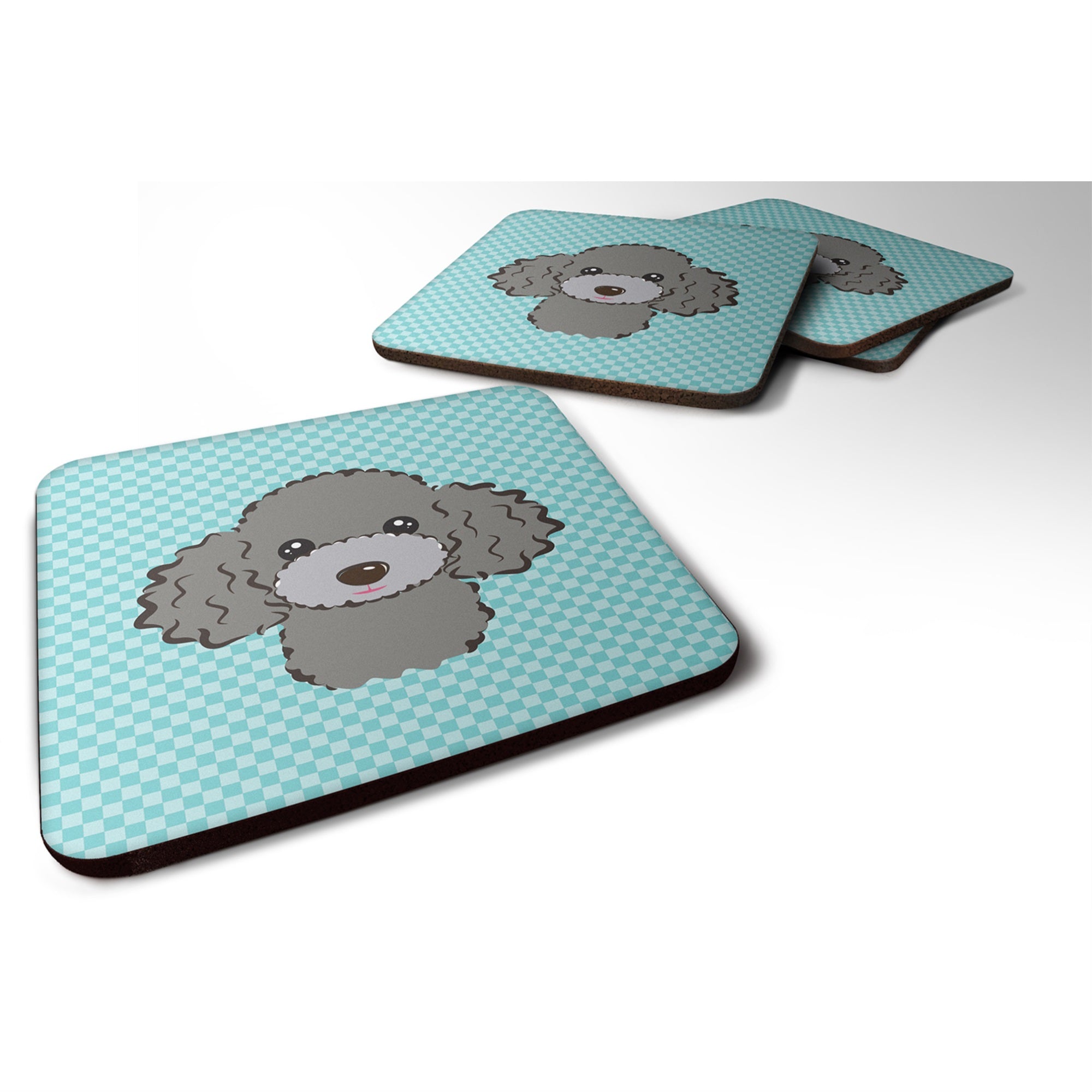 Checkerboard Blue Silver Gray Poodle Foam Coaster Set Of 4