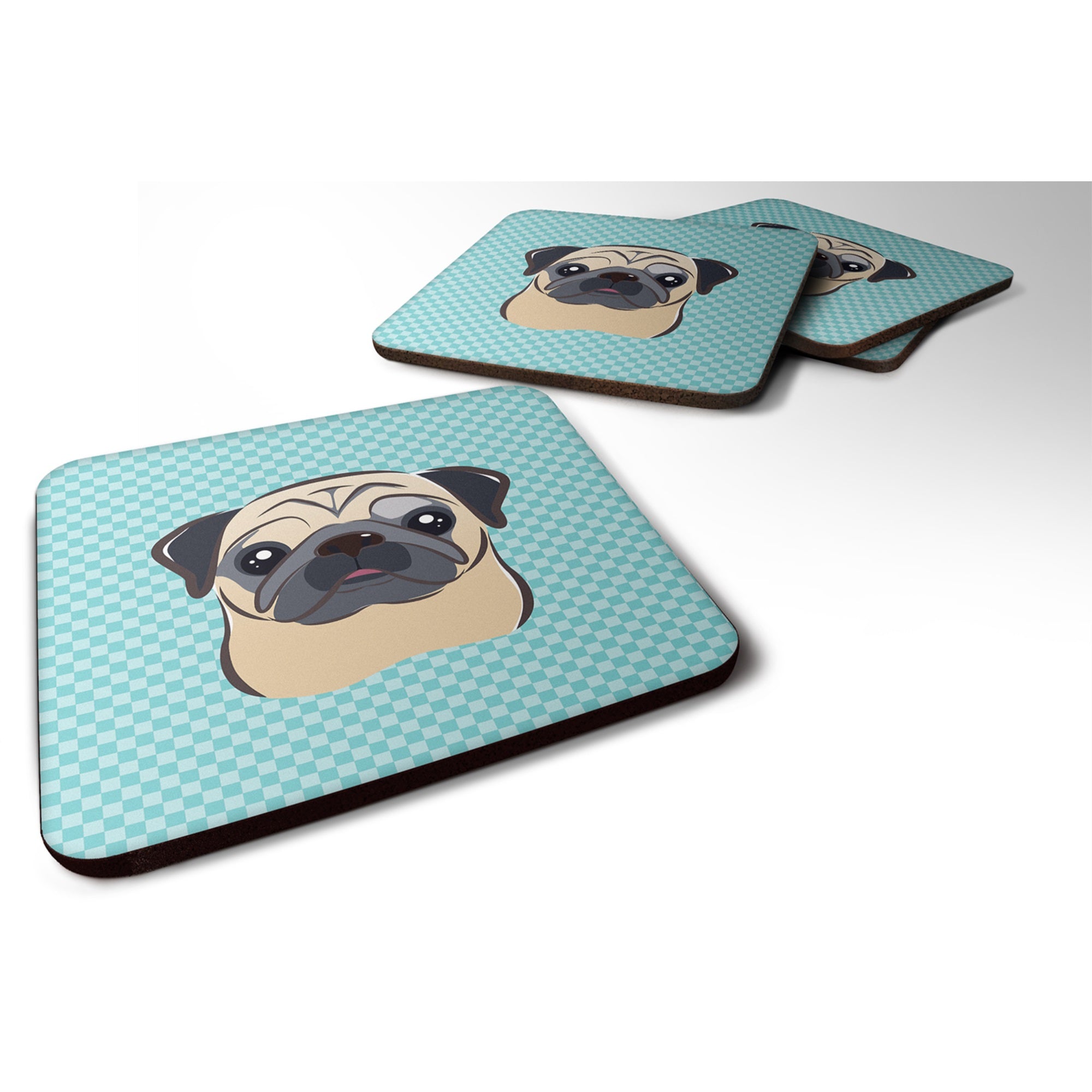 Checkerboard Blue Fawn Pug Foam Coaster Set Of 4