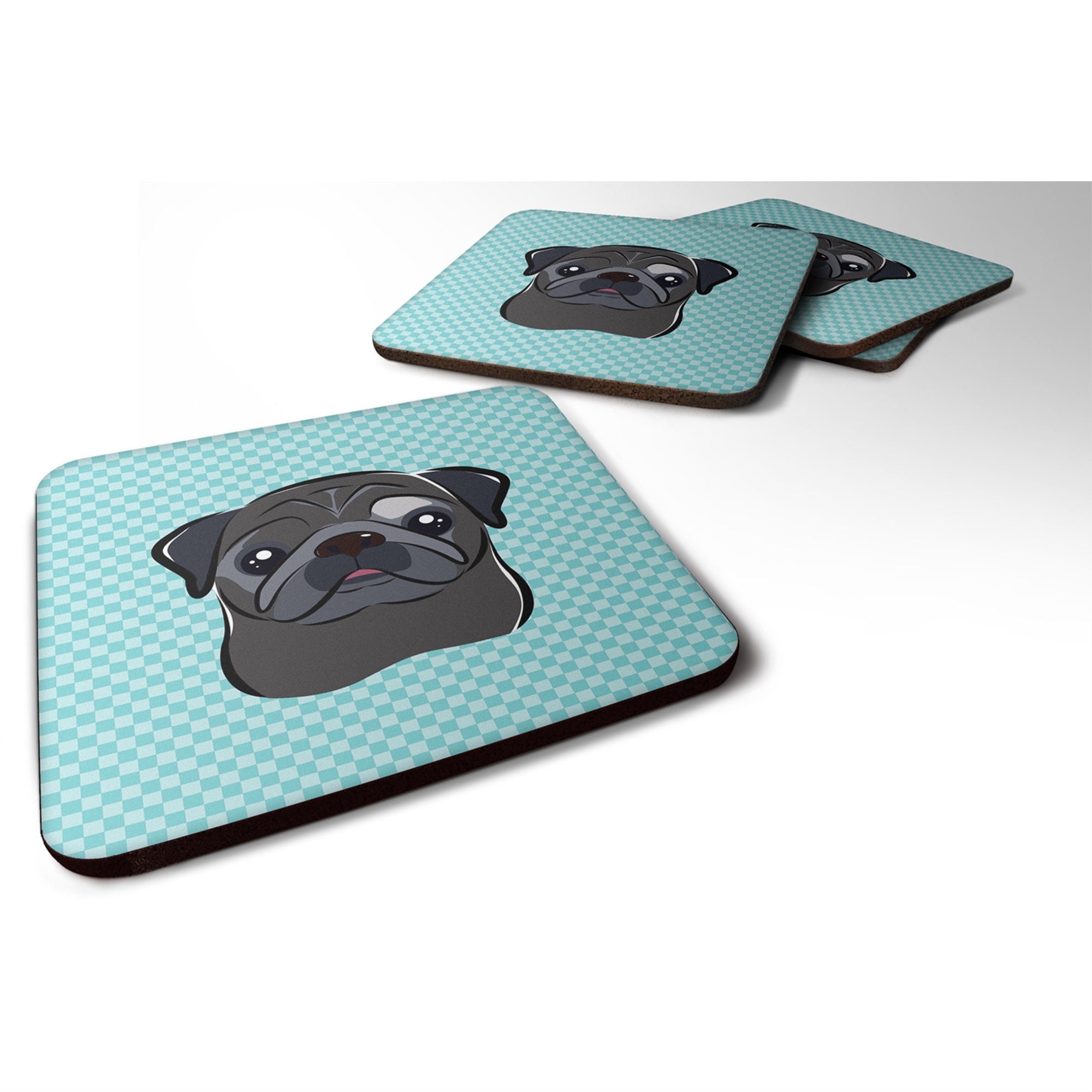 Checkerboard Blue Black Pug Foam Coaster Set Of 4