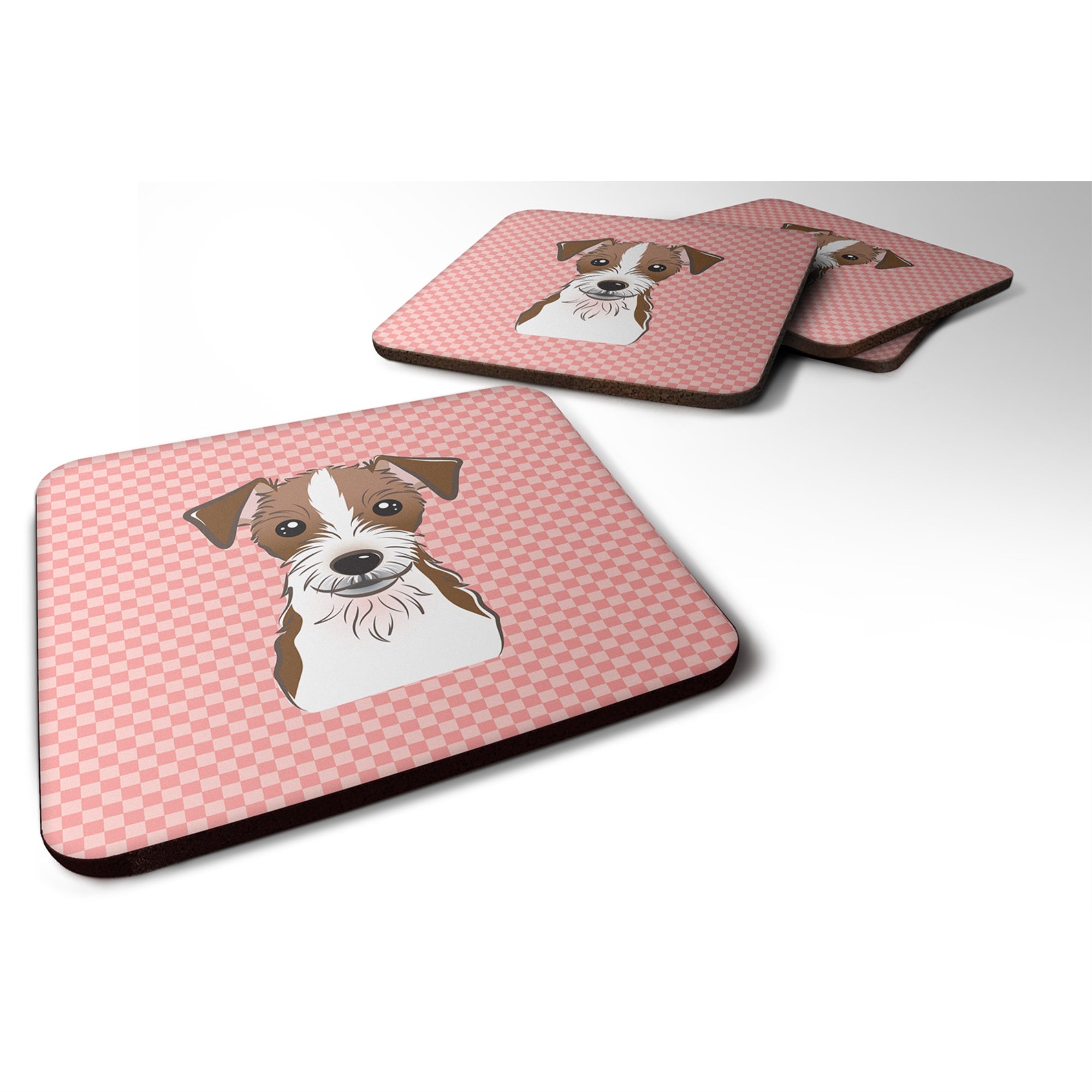 Checkerboard Pink Jack Russell Terrier Foam Coaster Set Of 4