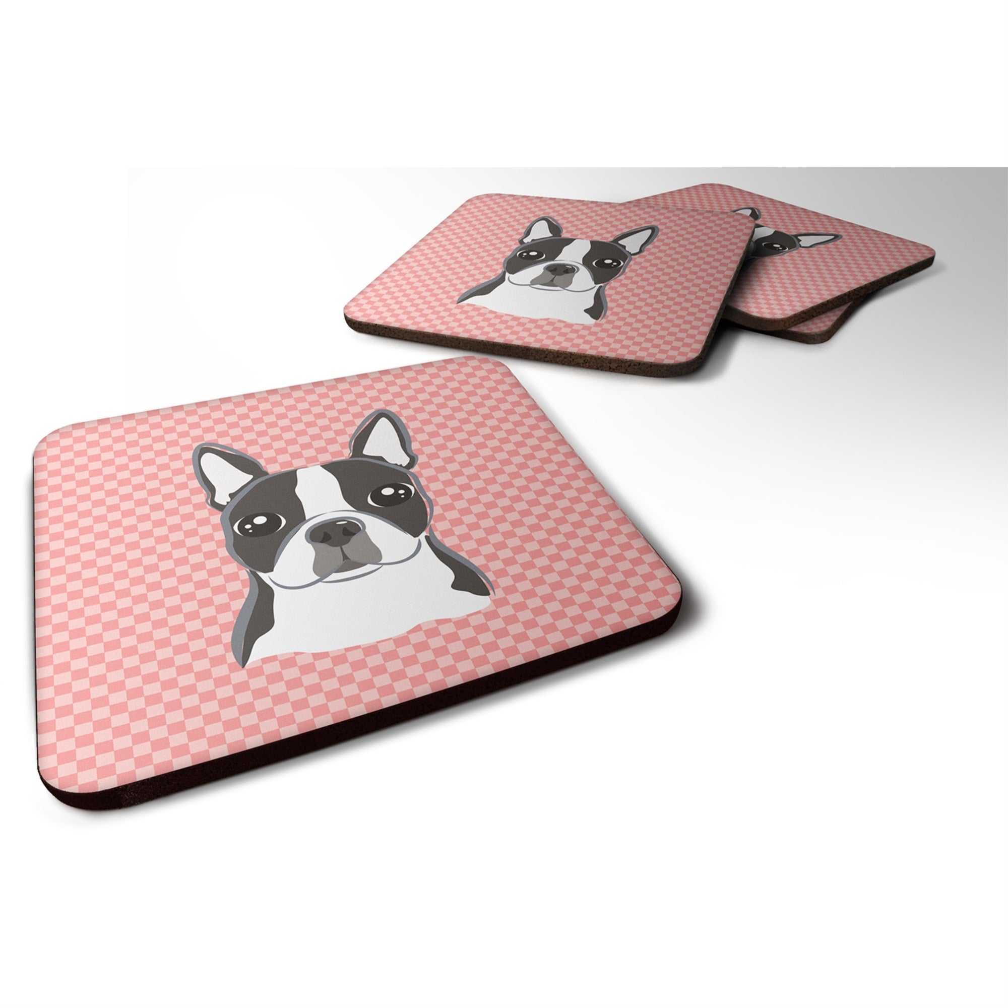 Checkerboard Pink Boston Terrier Foam Coaster Set Of 4