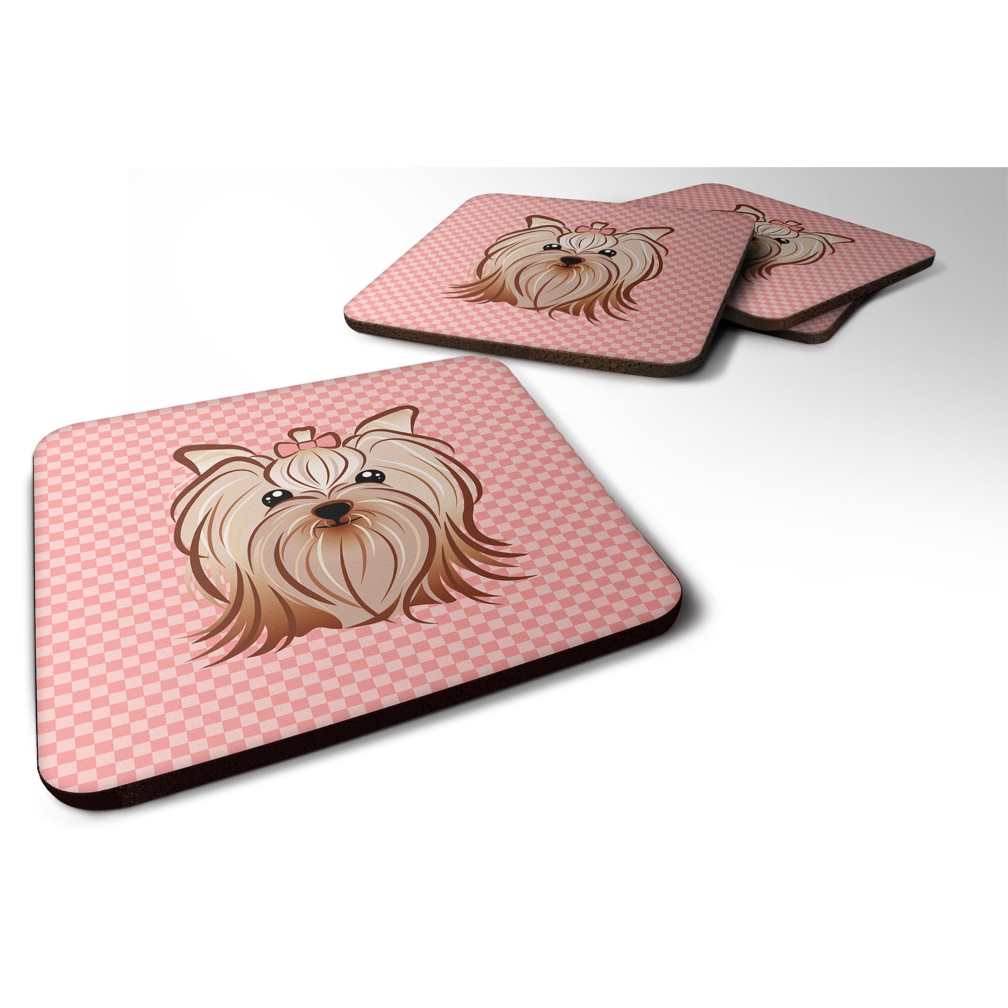 Checkerboard Pink Yorkie Yorkishire Terrier Foam Coaster Set Of 4