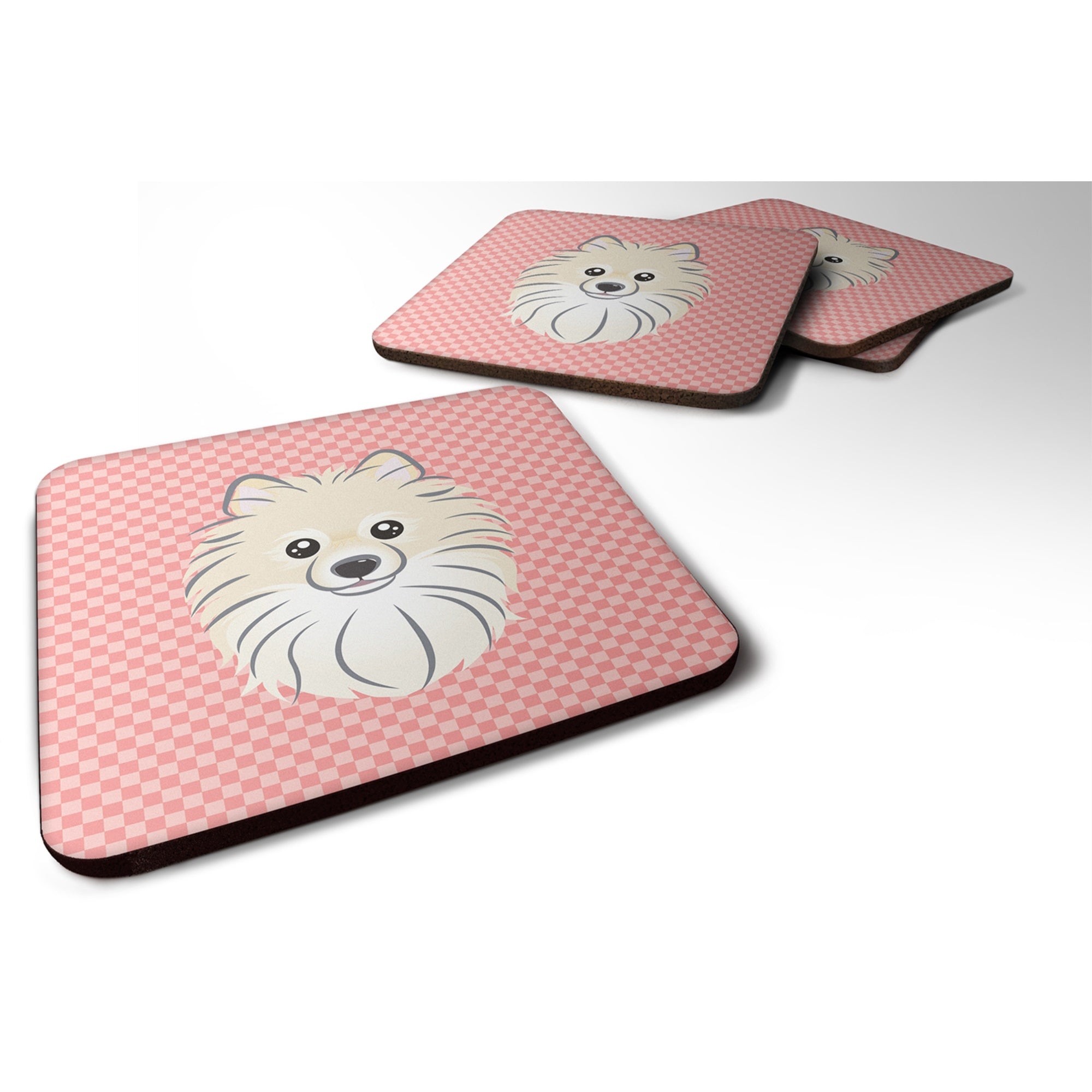 Checkerboard Pink Pomeranian Foam Coaster Set Of 4