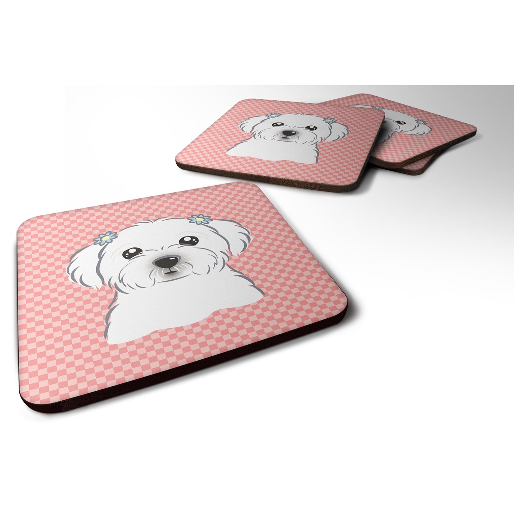 Checkerboard Pink Maltese Foam Coaster Set Of 4
