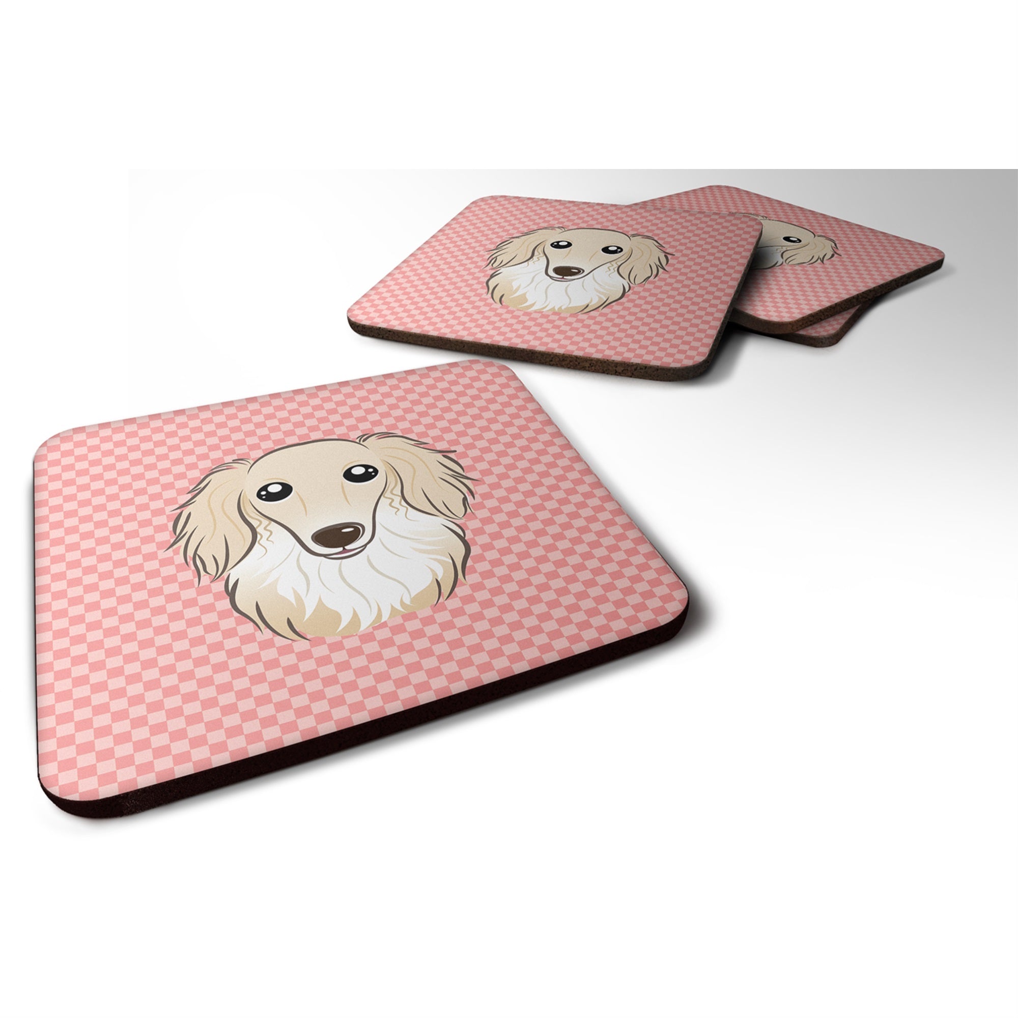Checkerboard Pink Longhair Creme Dachshund Foam Coaster Set Of 4