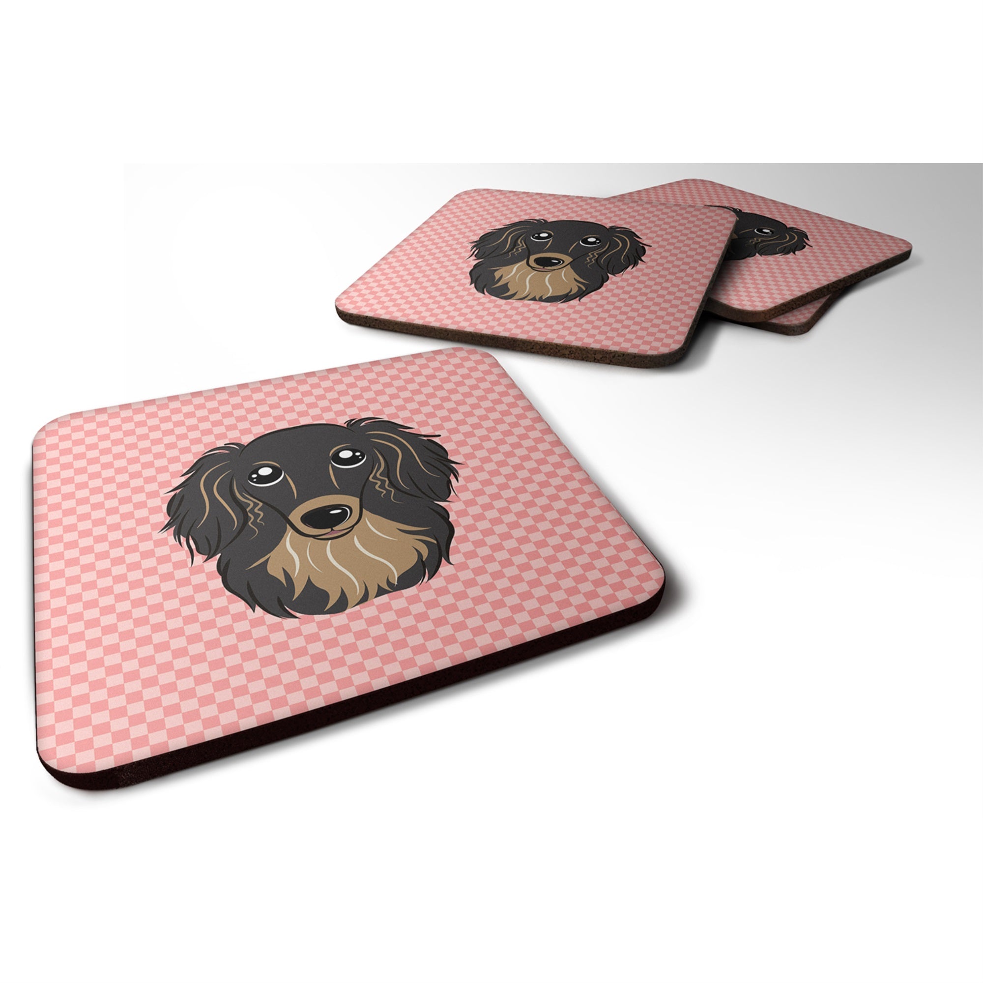 Checkerboard Pink Longhair Black And Tan Dachshund Foam Coaster Set Of 4