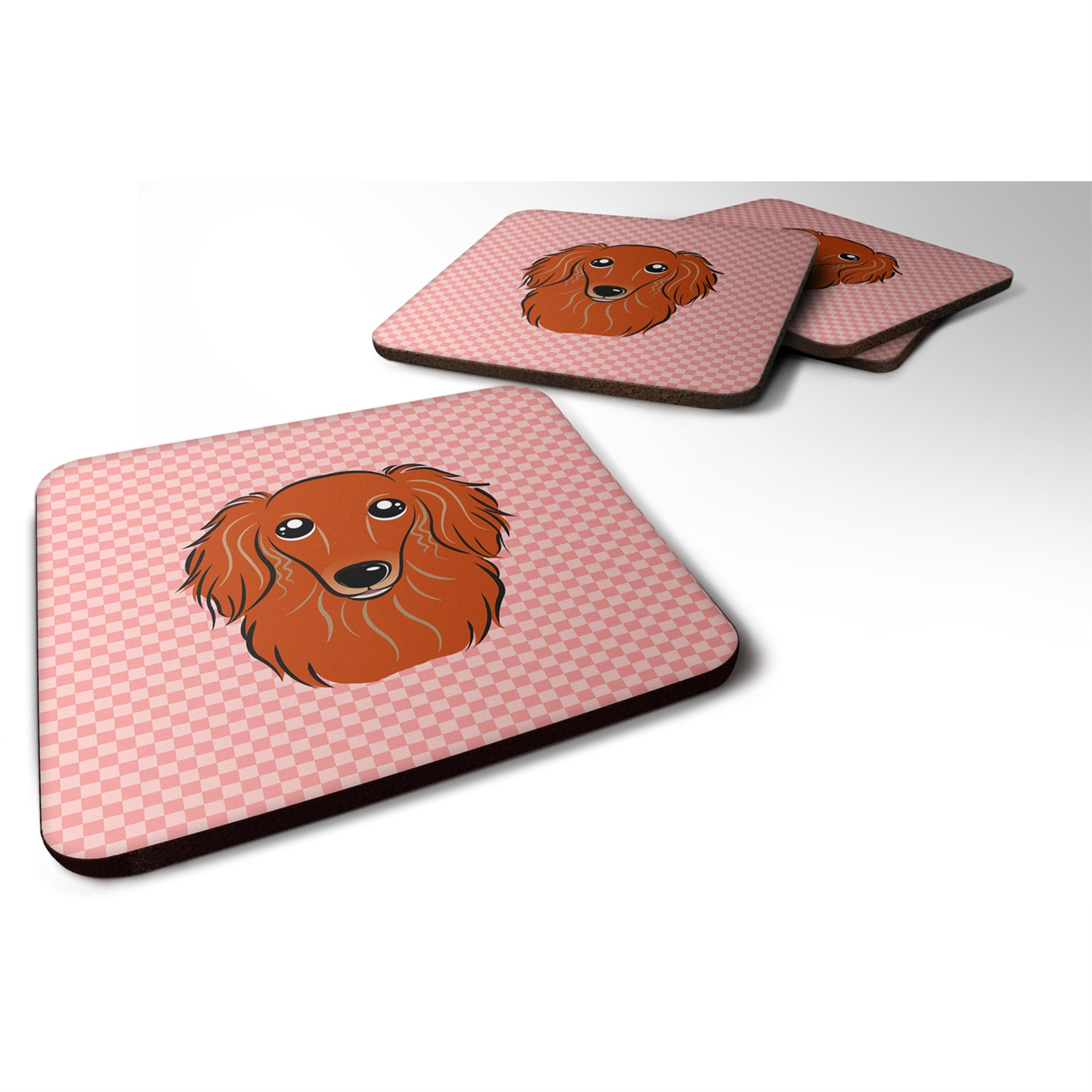 Checkerboard Pink Longhair Red Dachshund Foam Coaster Set Of 4