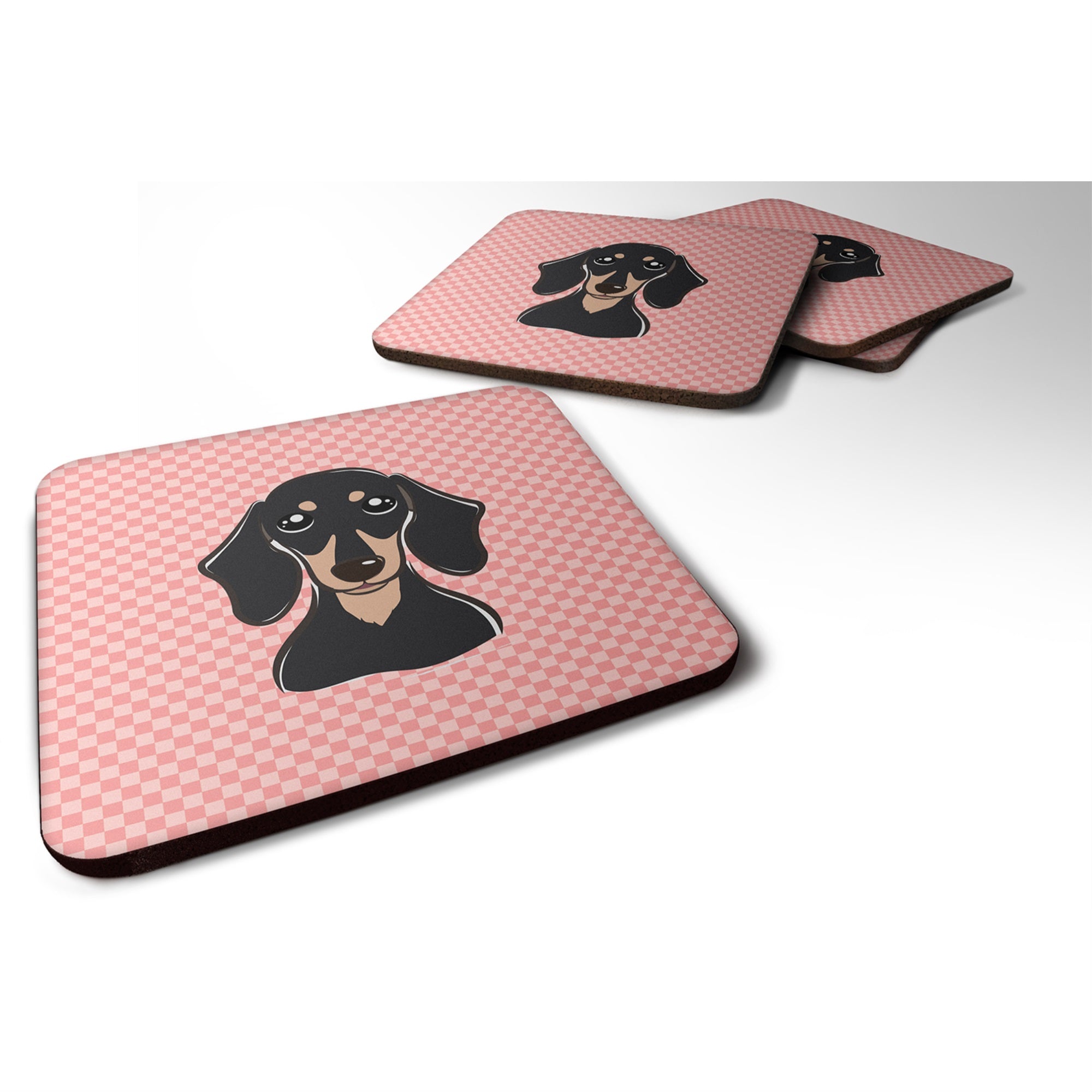 Checkerboard Pink Smooth Black And Tan Dachshund Foam Coaster Set Of 4