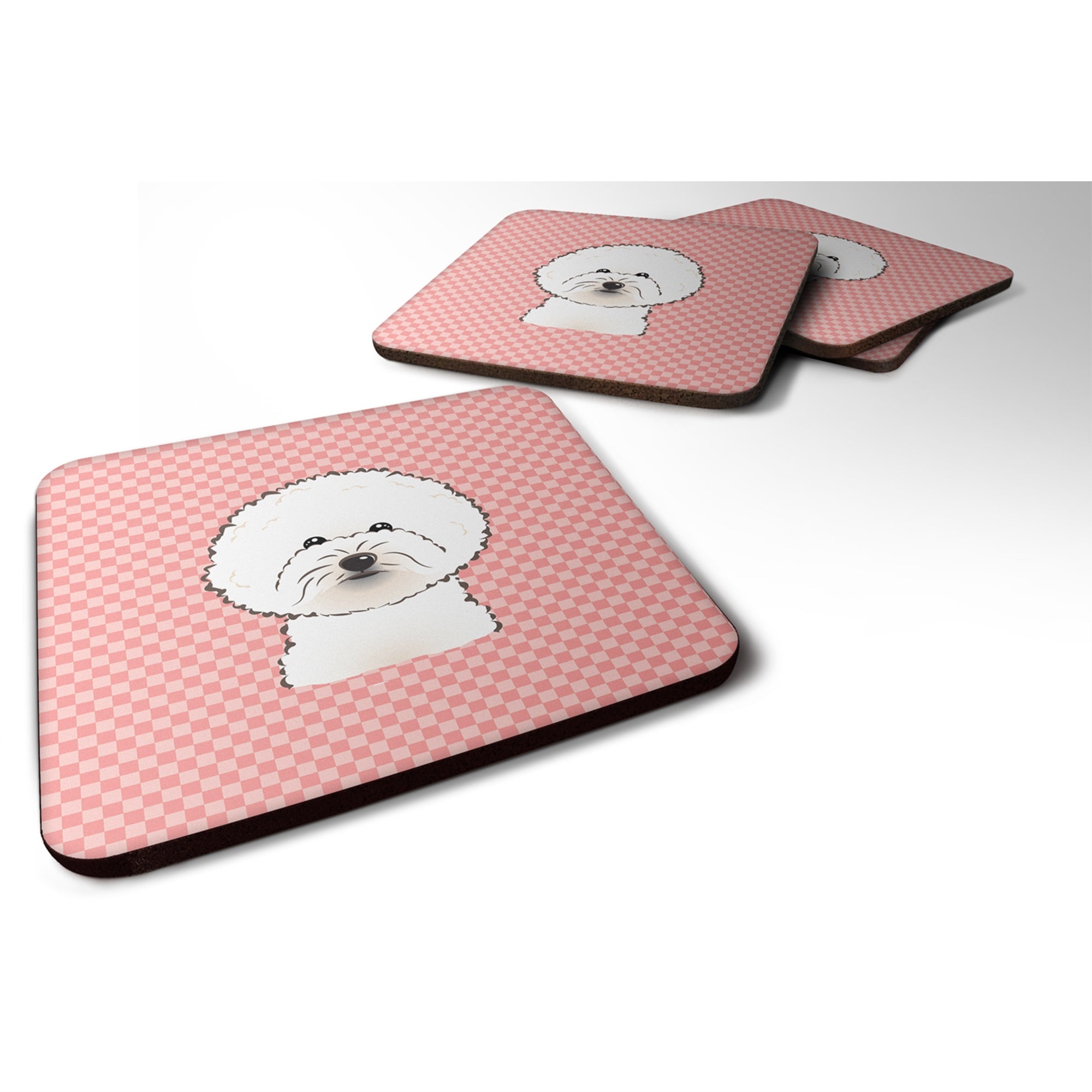 Checkerboard Pink Bichon Frise Foam Coaster Set Of 4