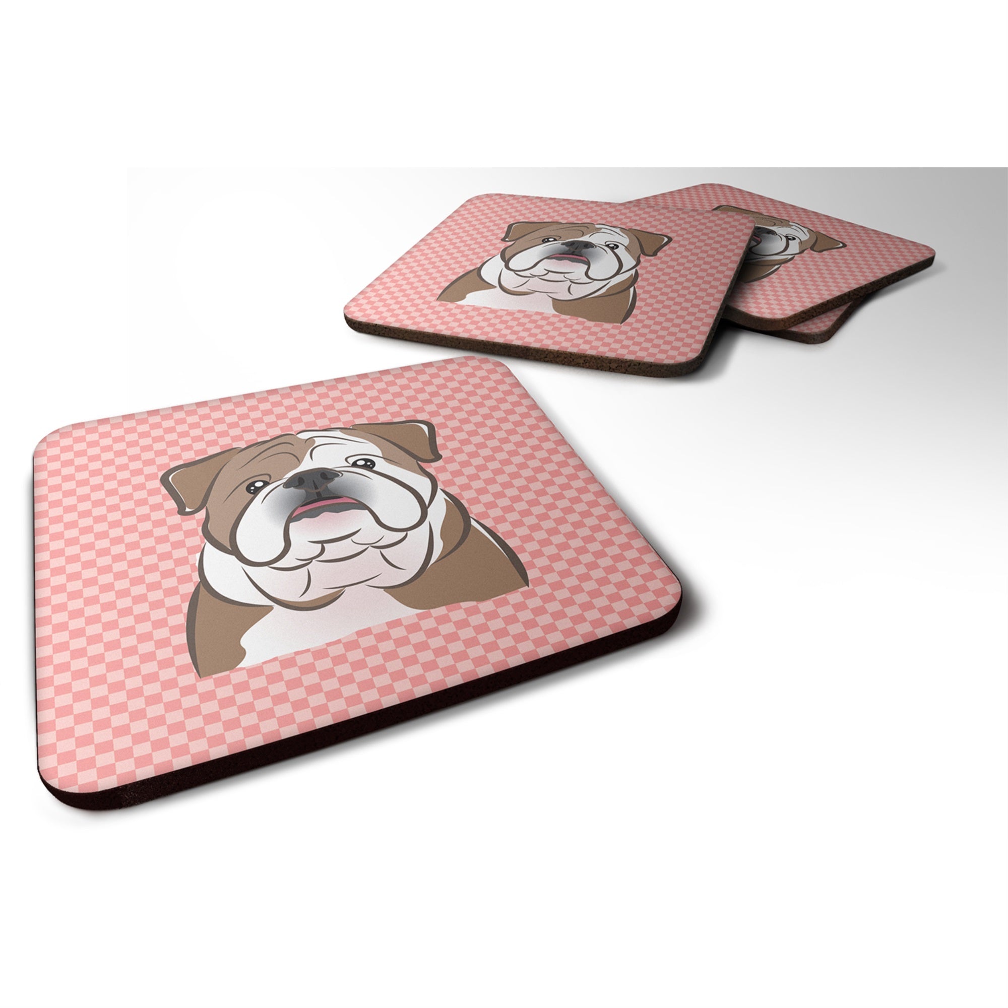 Checkerboard Pink English Bulldog  Foam Coaster Set Of 4