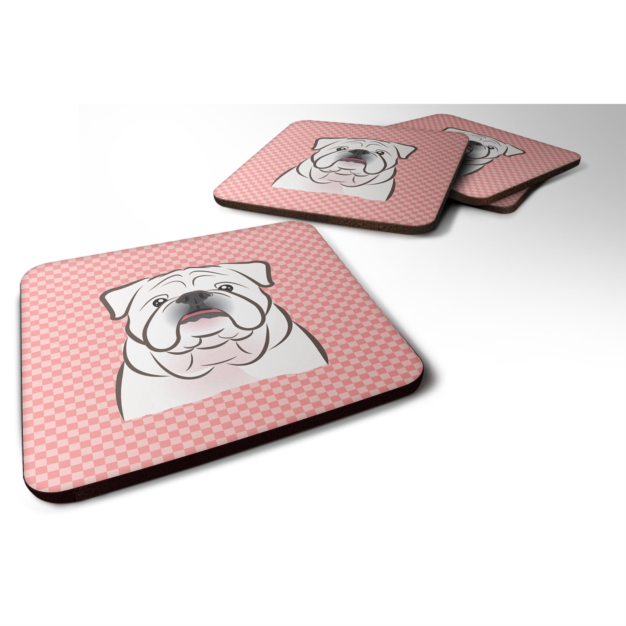 Checkerboard Pink White English Bulldog  Foam Coaster Set Of 4