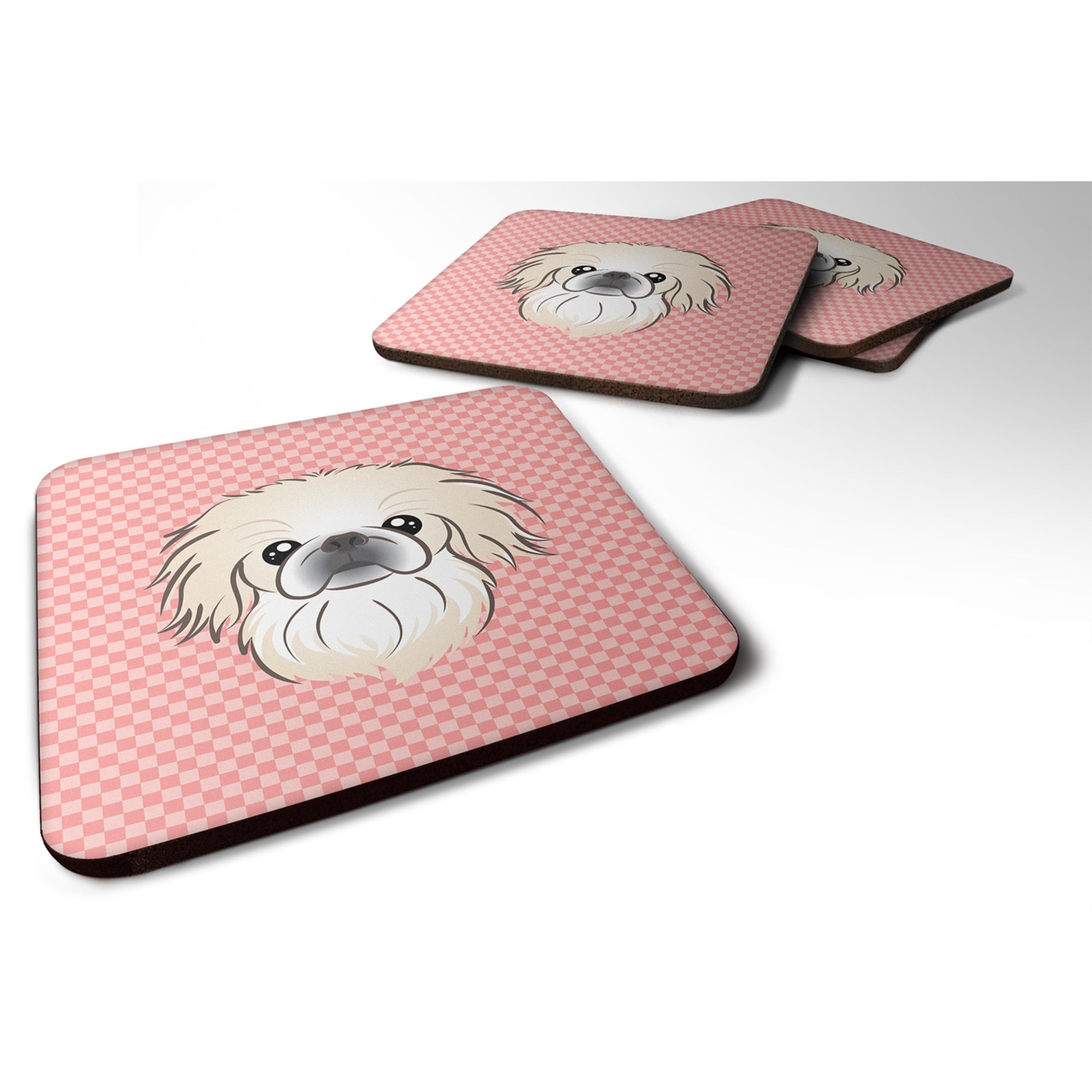 Checkerboard Pink Pekingese Foam Coaster Set Of 4