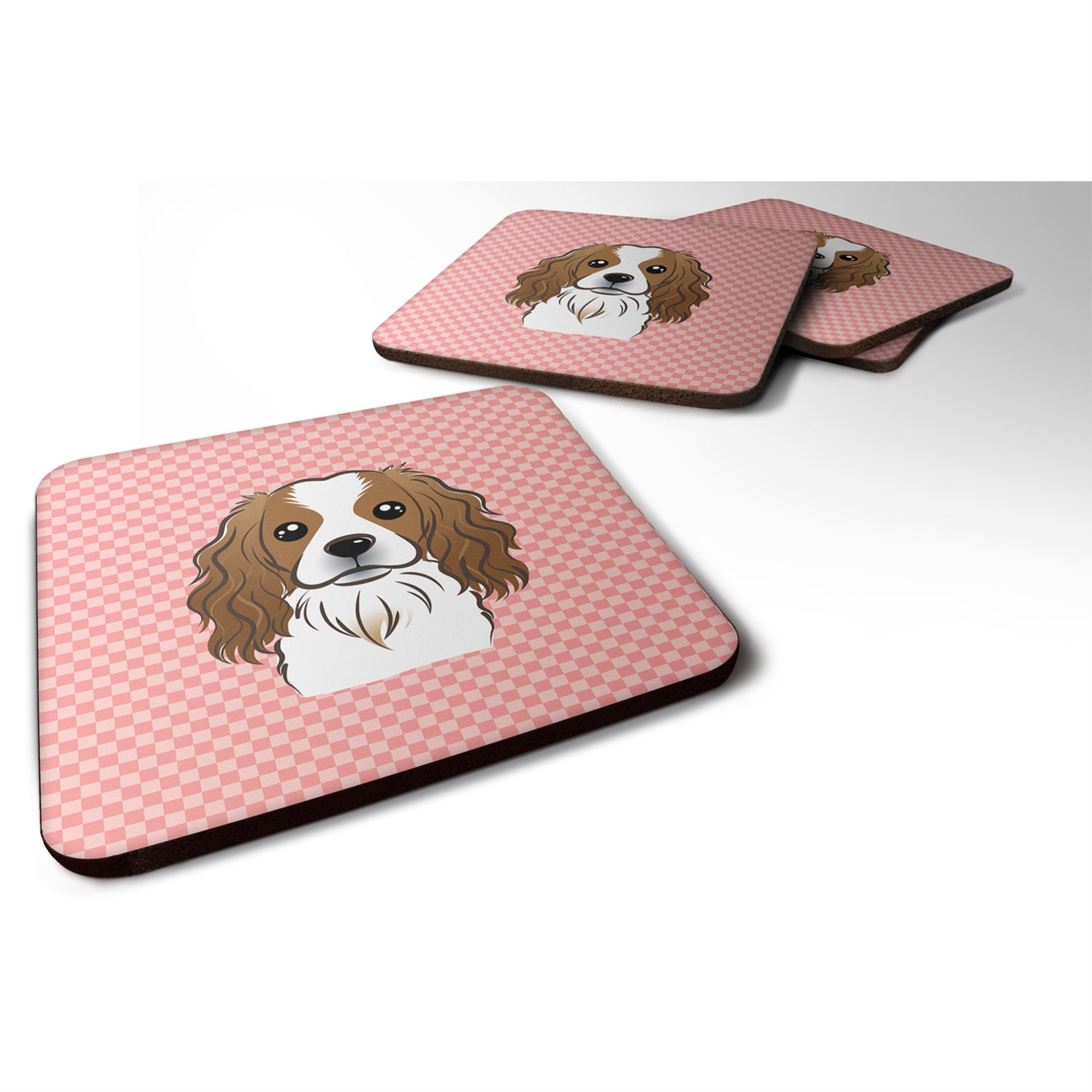 Checkerboard Pink Cavalier Spaniel Foam Coaster Set Of 4
