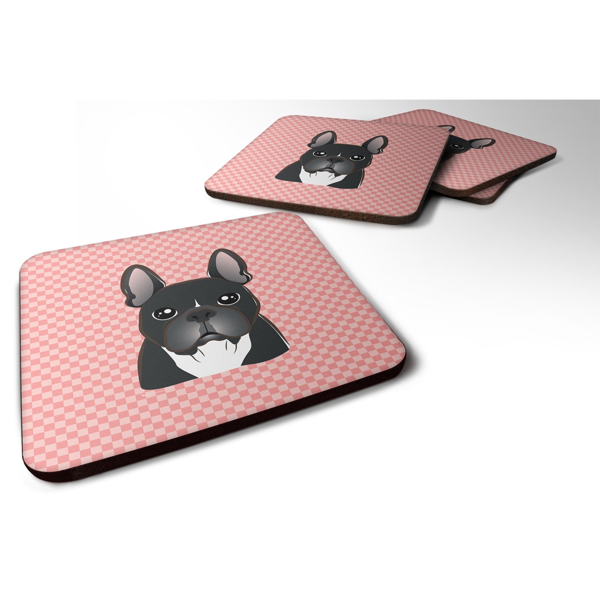 Checkerboard Pink French Bulldog Foam Coaster Set Of 4