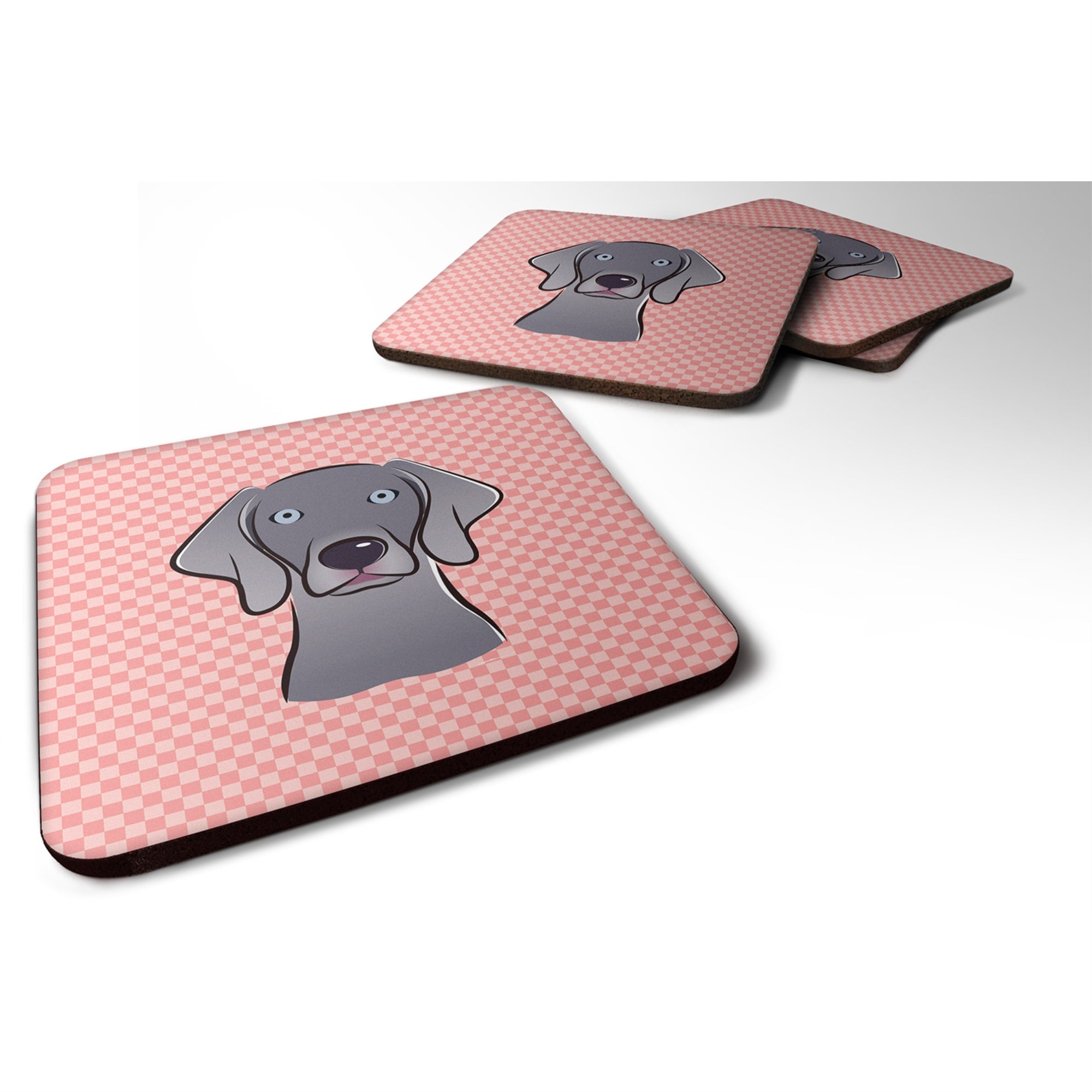 Checkerboard Pink  Weimaraner Foam Coaster Set Of 4