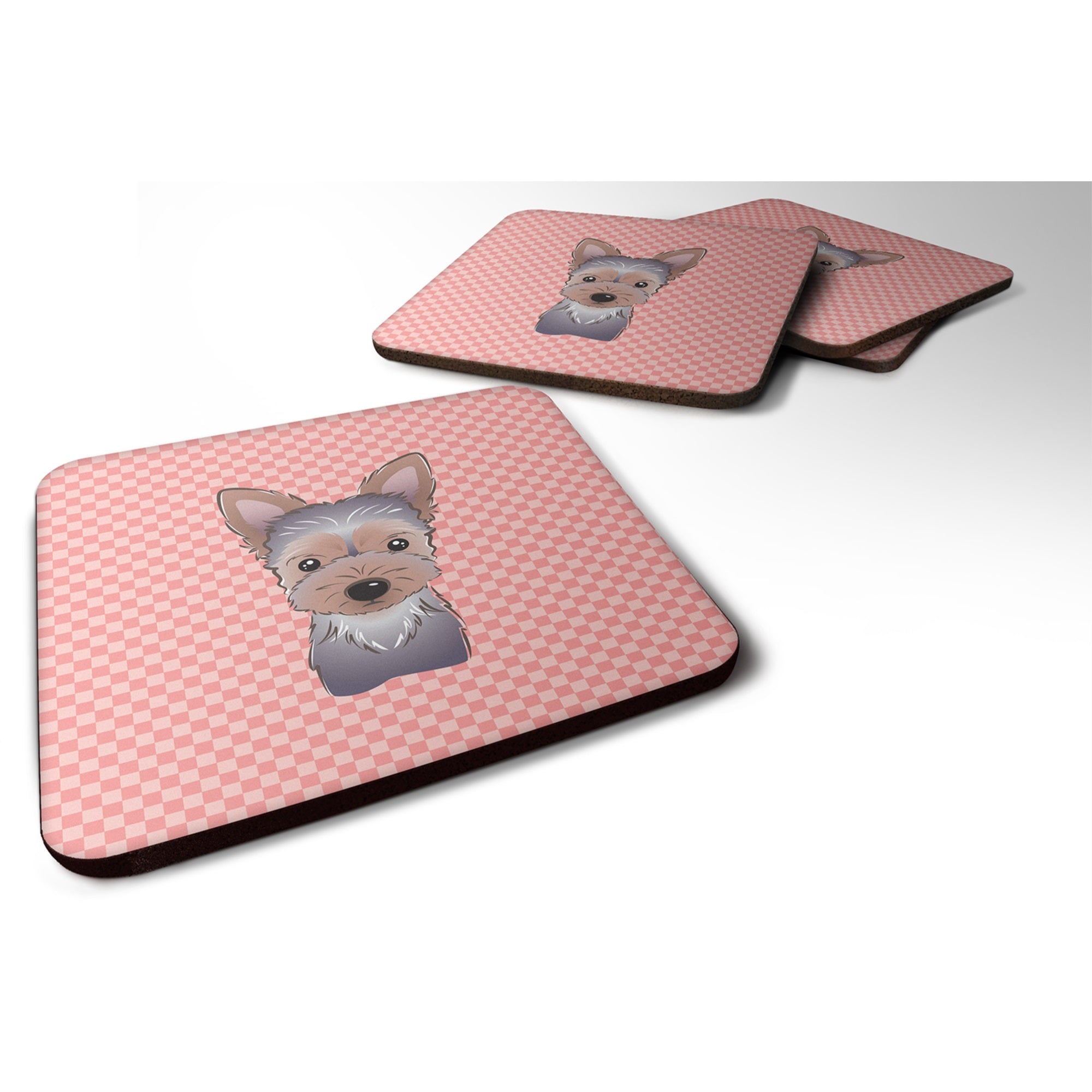 Checkerboard Pink Yorkie Puppy Foam Coaster Set Of 4
