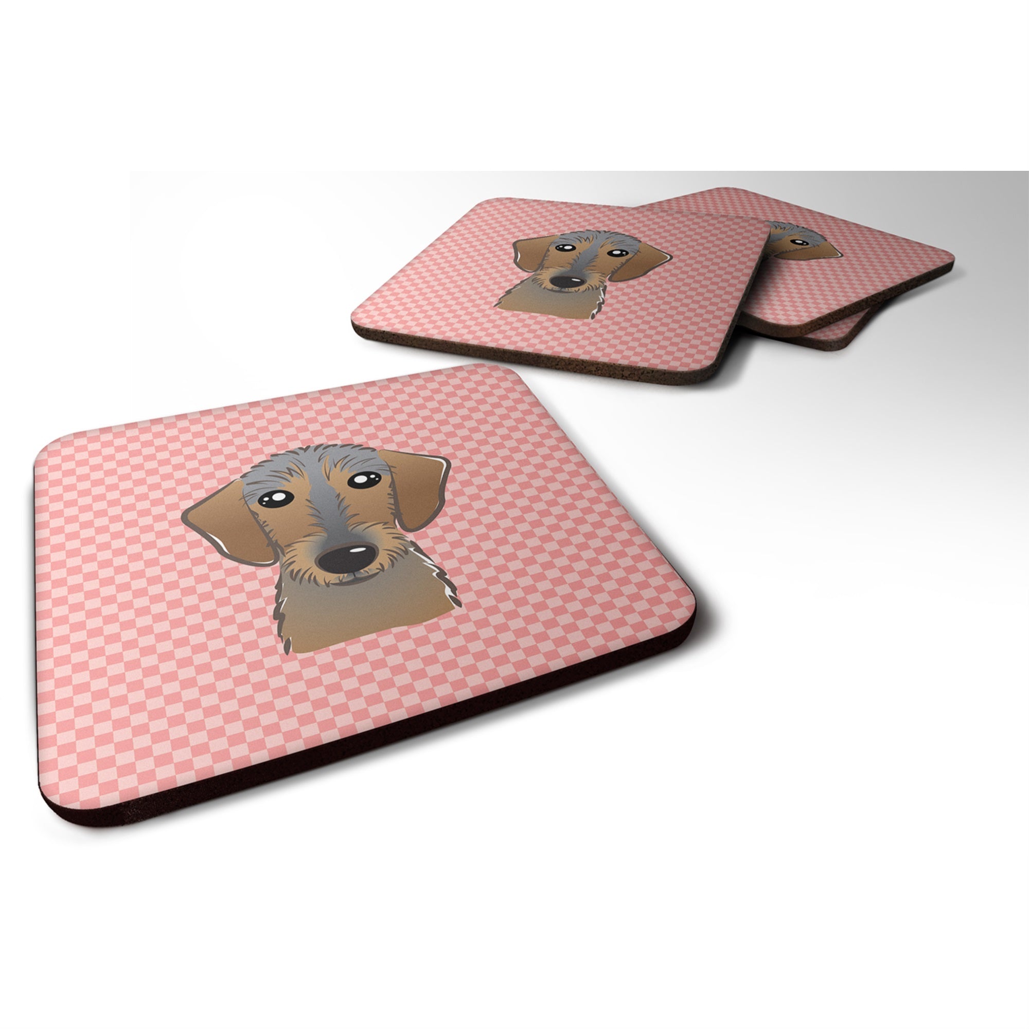 Checkerboard Pink Wirehaired Dachshund Foam Coaster Set Of 4