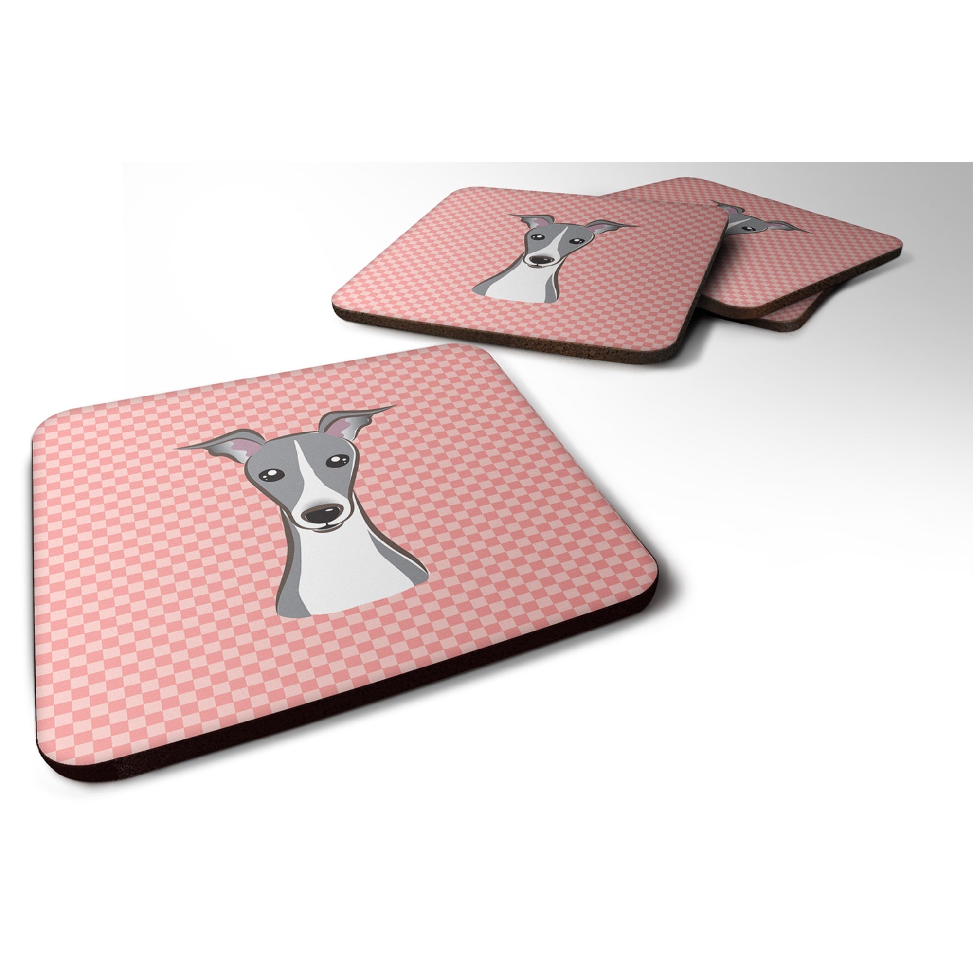 Checkerboard Pink Italian Greyhound Foam Coaster Set Of 4
