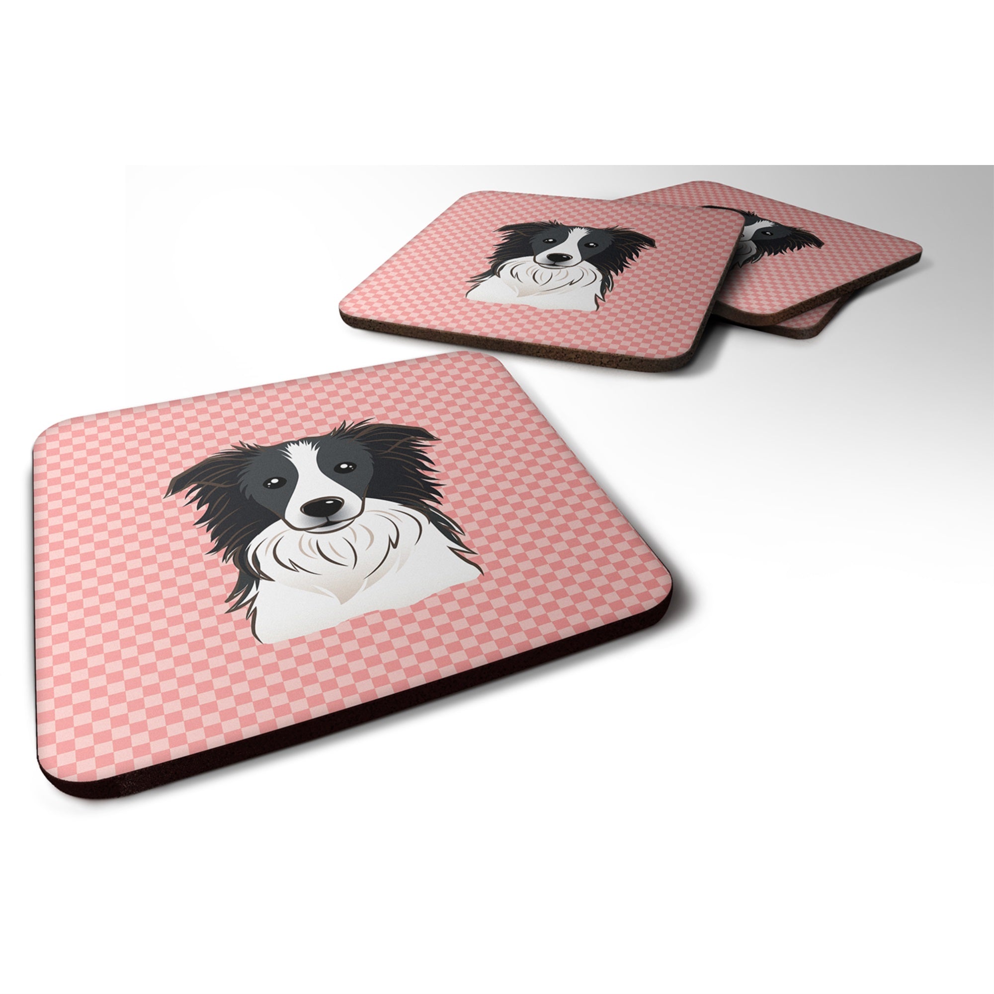 Checkerboard Pink Border Collie Foam Coaster Set Of 4