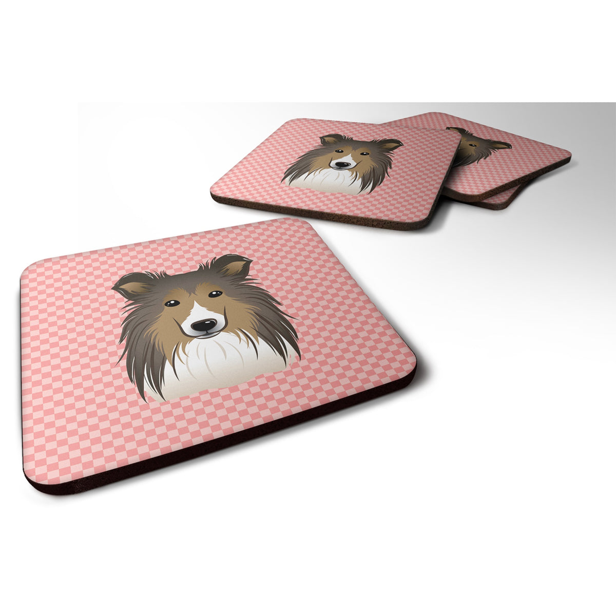 Checkerboard Pink Sheltie Foam Coaster Set Of 4