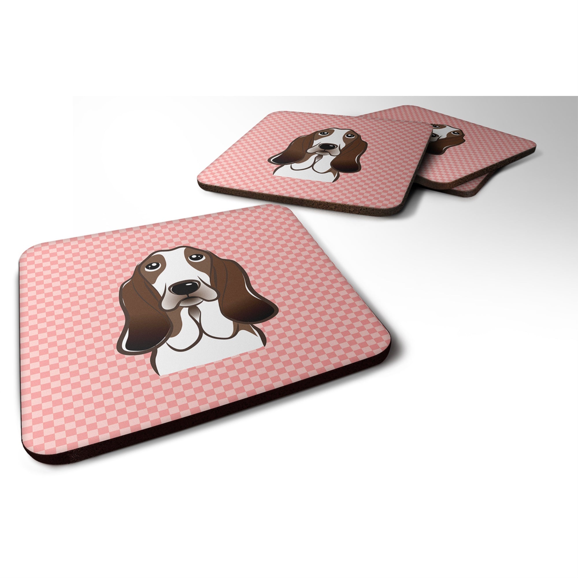 Checkerboard Pink Basset Hound Foam Coaster Set Of 4